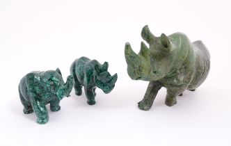 Ethnographic / Native / Tribal : Two 20thC carved malachite style animals comprising a rhino and