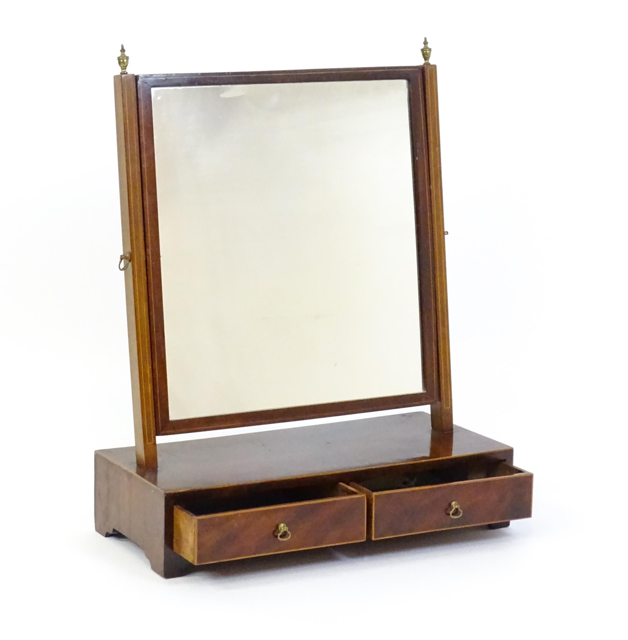 A late 19thC walnut toilet mirror / dressing mirror with satinwood inlay and surmounted by brass - Image 3 of 7