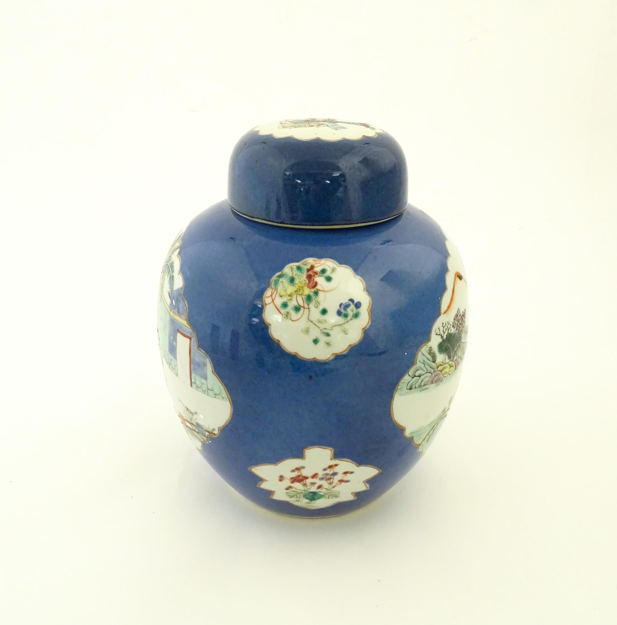 A Chinese famille verte ginger jar with a blue ground decorated with figures weaving at a loom and a - Image 4 of 8