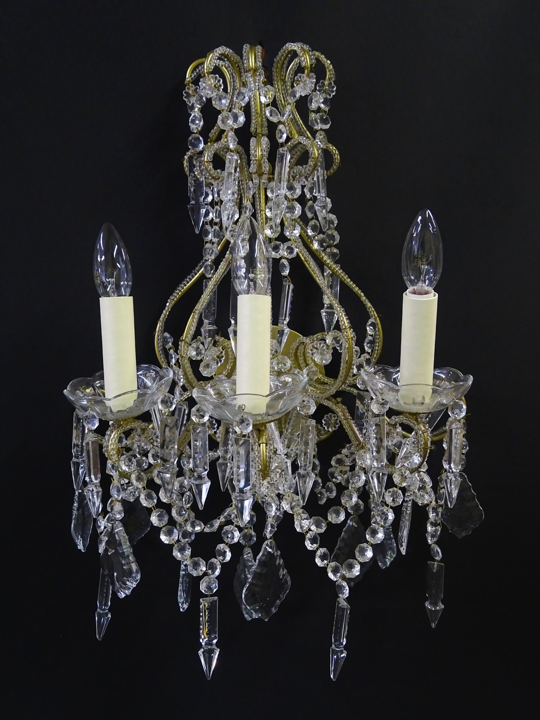 Four Italian wall lights having three branches, and lustre drops. Approx. 18" wide (4) Please Note - - Image 2 of 13