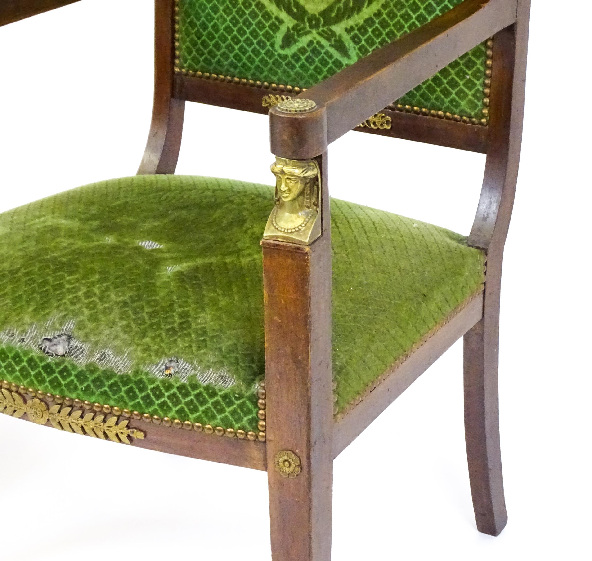 A pair of 19thC Empire armchair with brass neo classical style mounts including lozenges, masks - Image 4 of 10