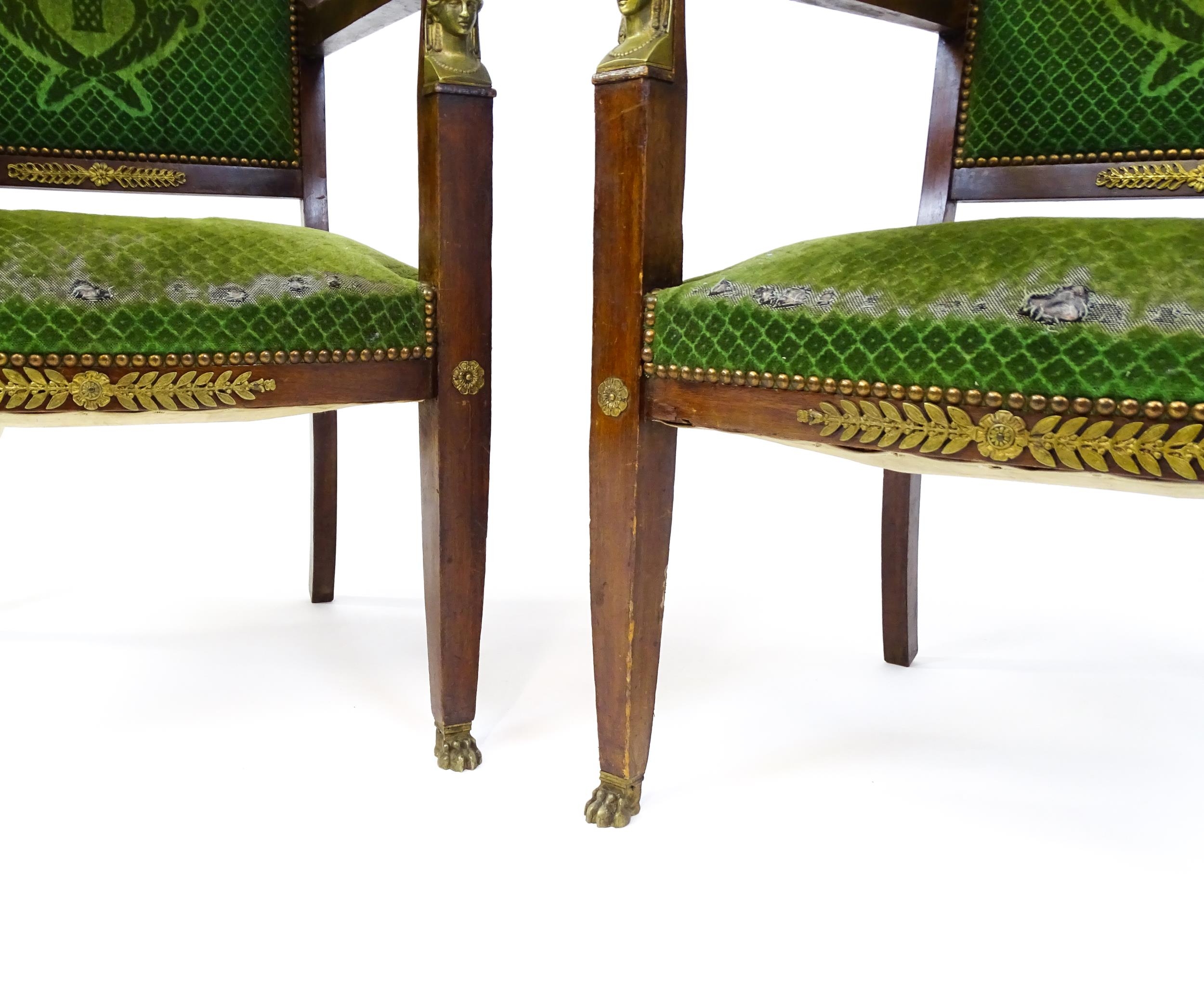 A pair of 19thC Empire armchair with brass neo classical style mounts including lozenges, masks - Image 6 of 10