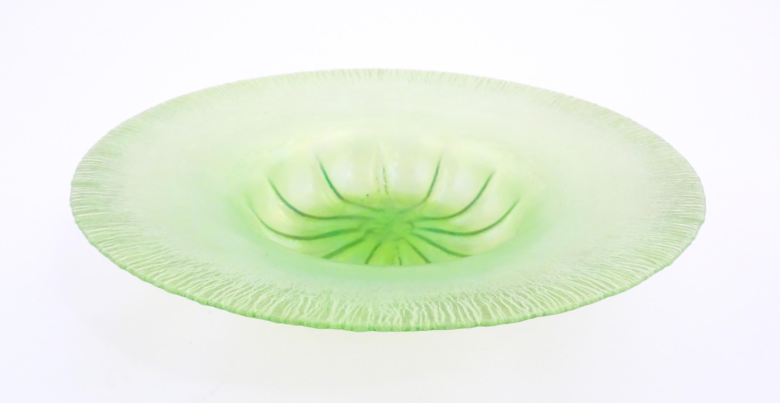 A pale green lustre glass bowl with lobed centre and textured rim. Approx. 12 1/2" diameter Please - Image 5 of 7