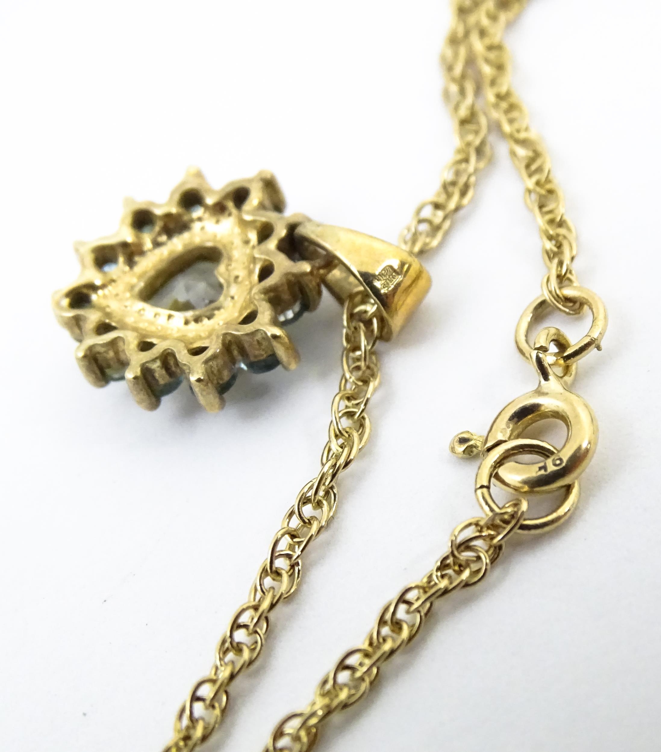 9ct gold pendant set with white and aqua coloured stones, with chain necklace. The chain approx - Image 2 of 10