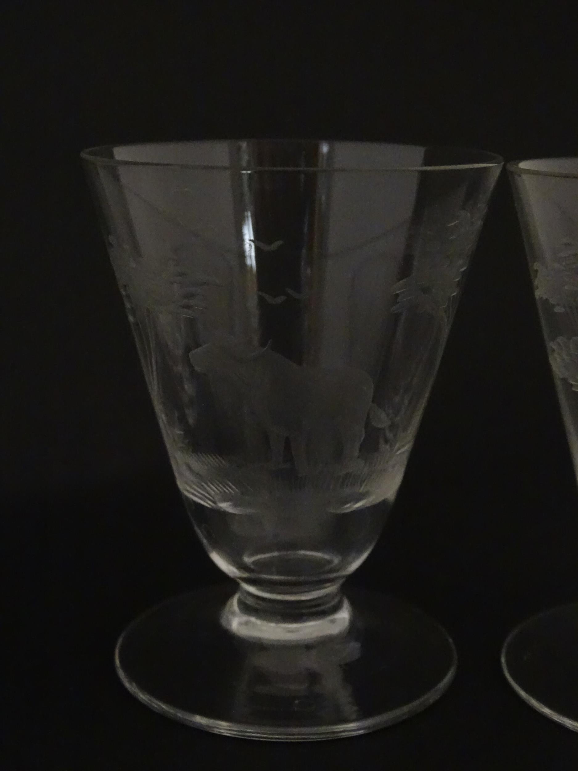 Rowland Ward sherry / liquor glasses with engraved Safari animal detail. Unsigned. Largest approx. - Image 8 of 26