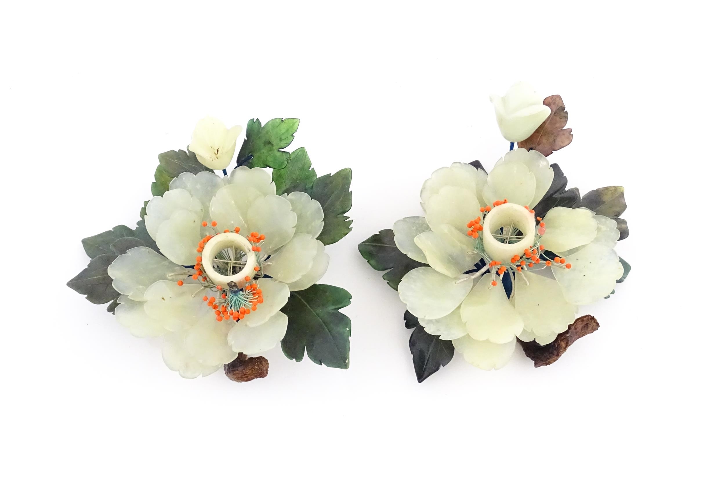 Two Chinese hardstone flower groups with bead detail. Together with a hardstone model of a bunch - Image 9 of 15