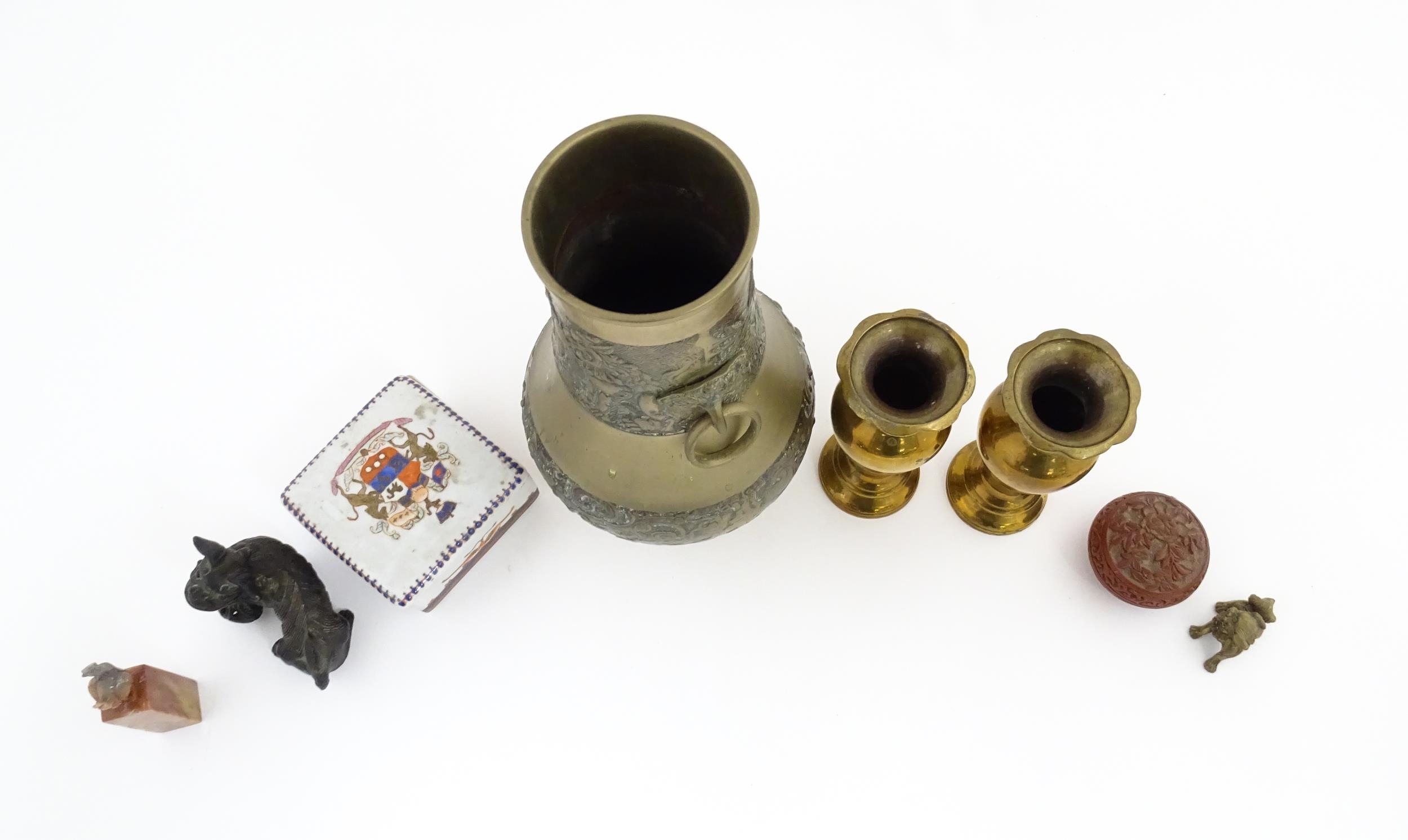 A quantity of assorted Oriental items to include a pair of cast brass vases of tapering form with - Image 9 of 12