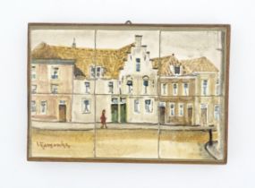 A Dutch hand painted tableau comprising six tiles depicting a street scene with a figure, signed