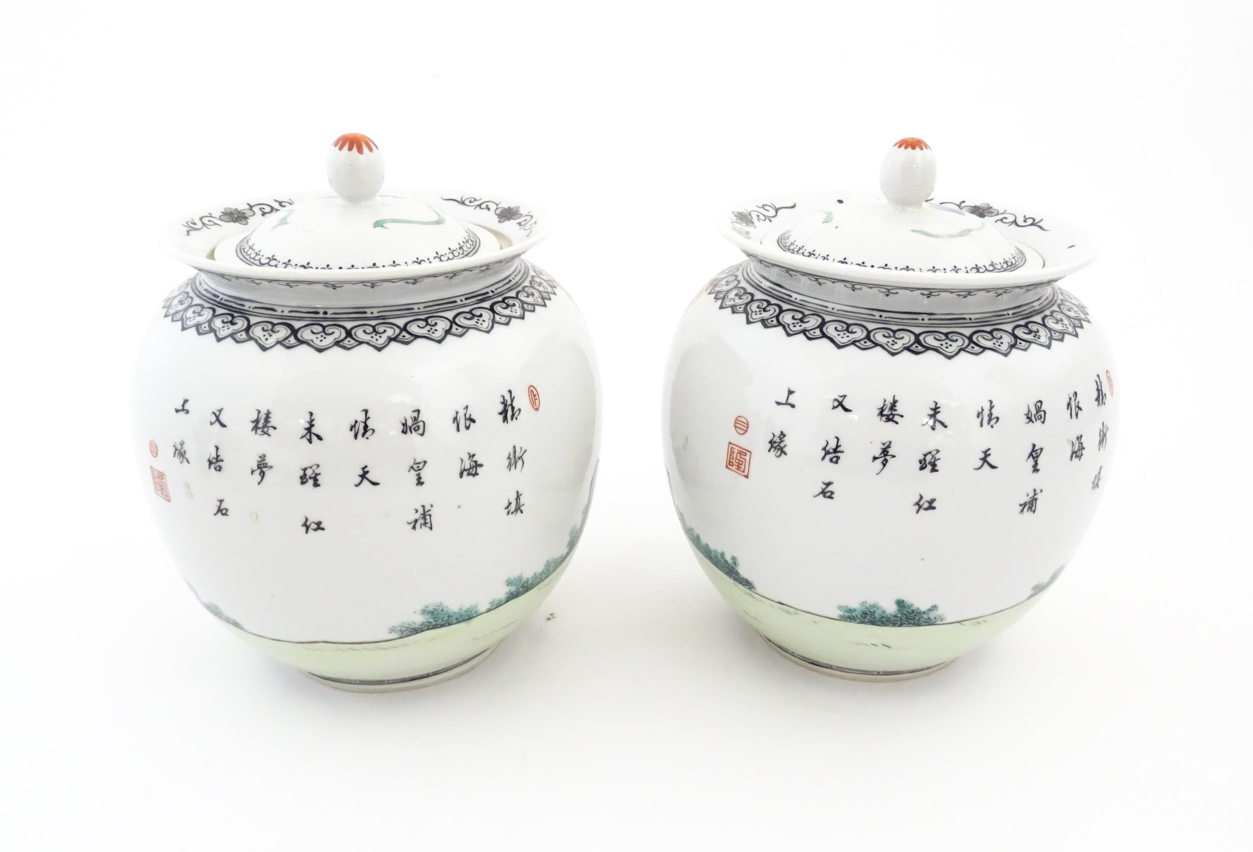 A pair of Chinese pot and cover vases decorated with ladies in a landscapes, and Character script. - Image 6 of 10