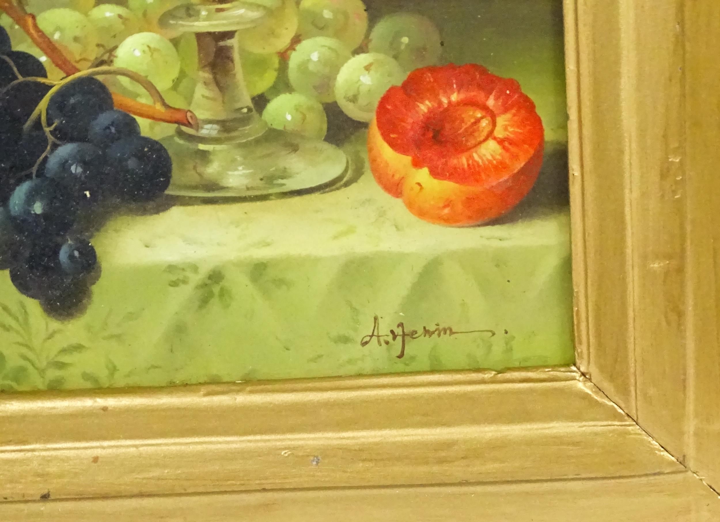 Artemis, 20th century, Oil on panel, A still life study with fruit and a glass on a table. Signed - Bild 4 aus 4