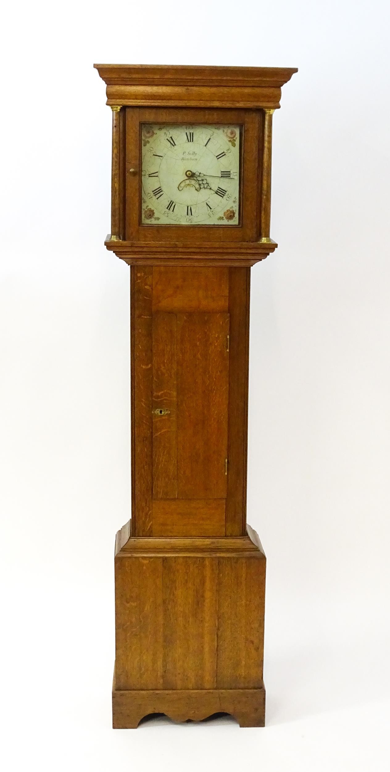 P Selby Wareham - Dorset : A late 18thC oak cased 30 hour longcase clock, the painted dial signed P. - Image 6 of 12