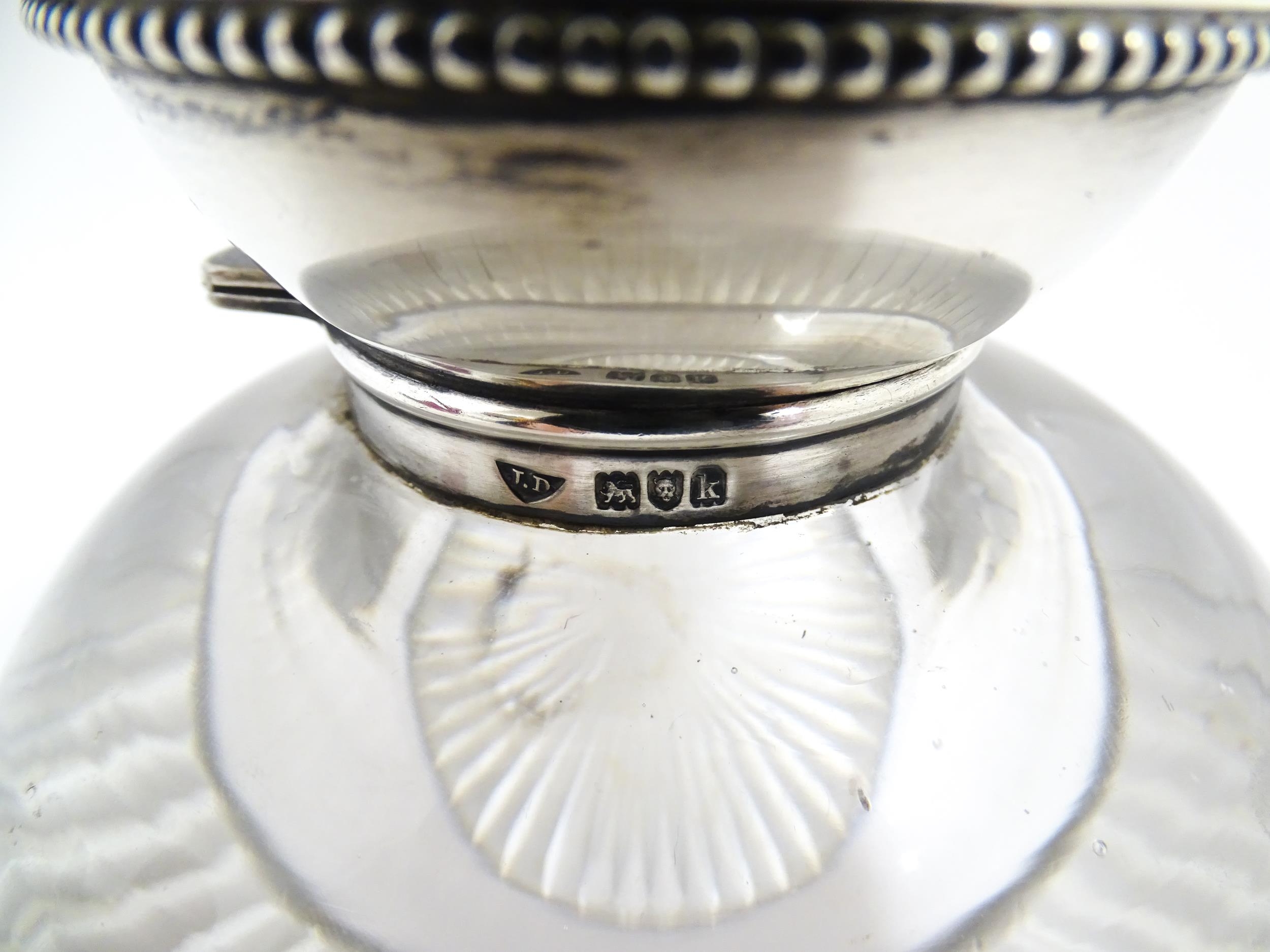 A glass inkwell with silver top hallmarked London 1905 maker James Dudley and stamped J Dudley - Image 9 of 9