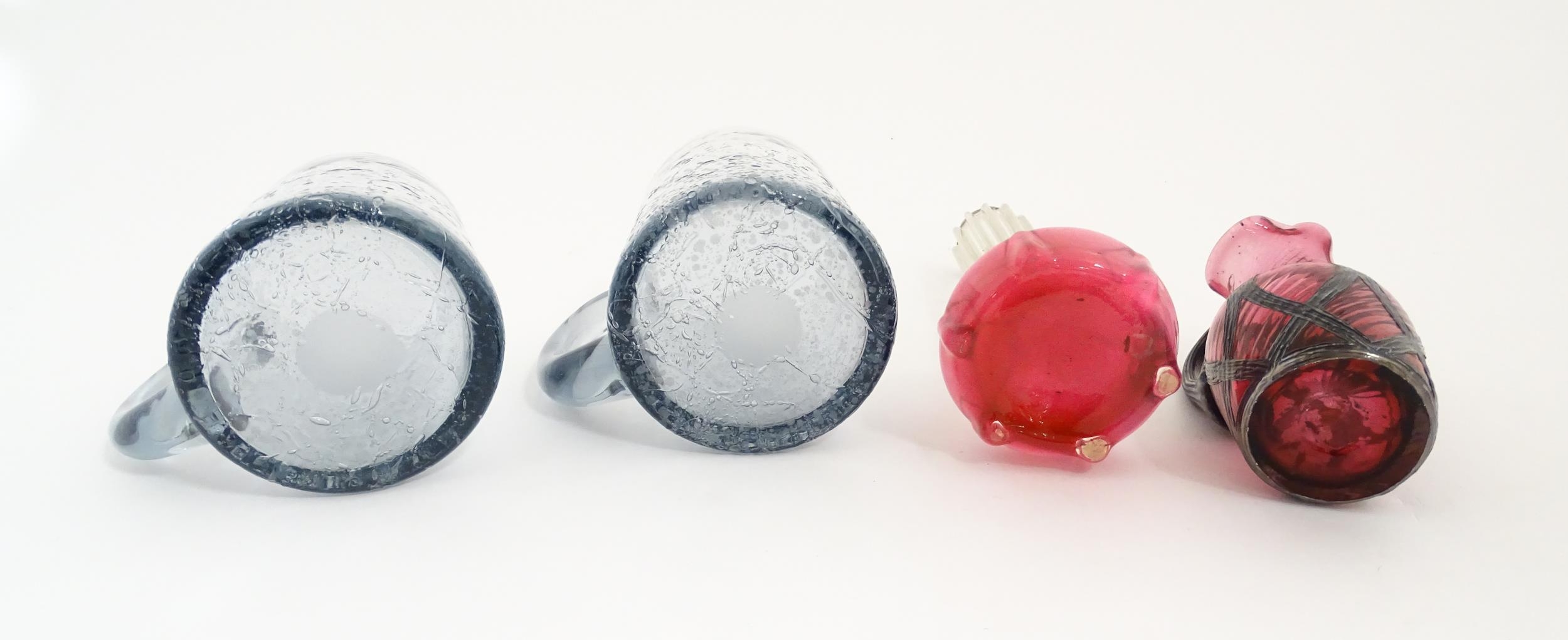 A pair of glass mugs / tankards together with an Art Nouveau cranberry to clear glass bud vase - Image 2 of 8