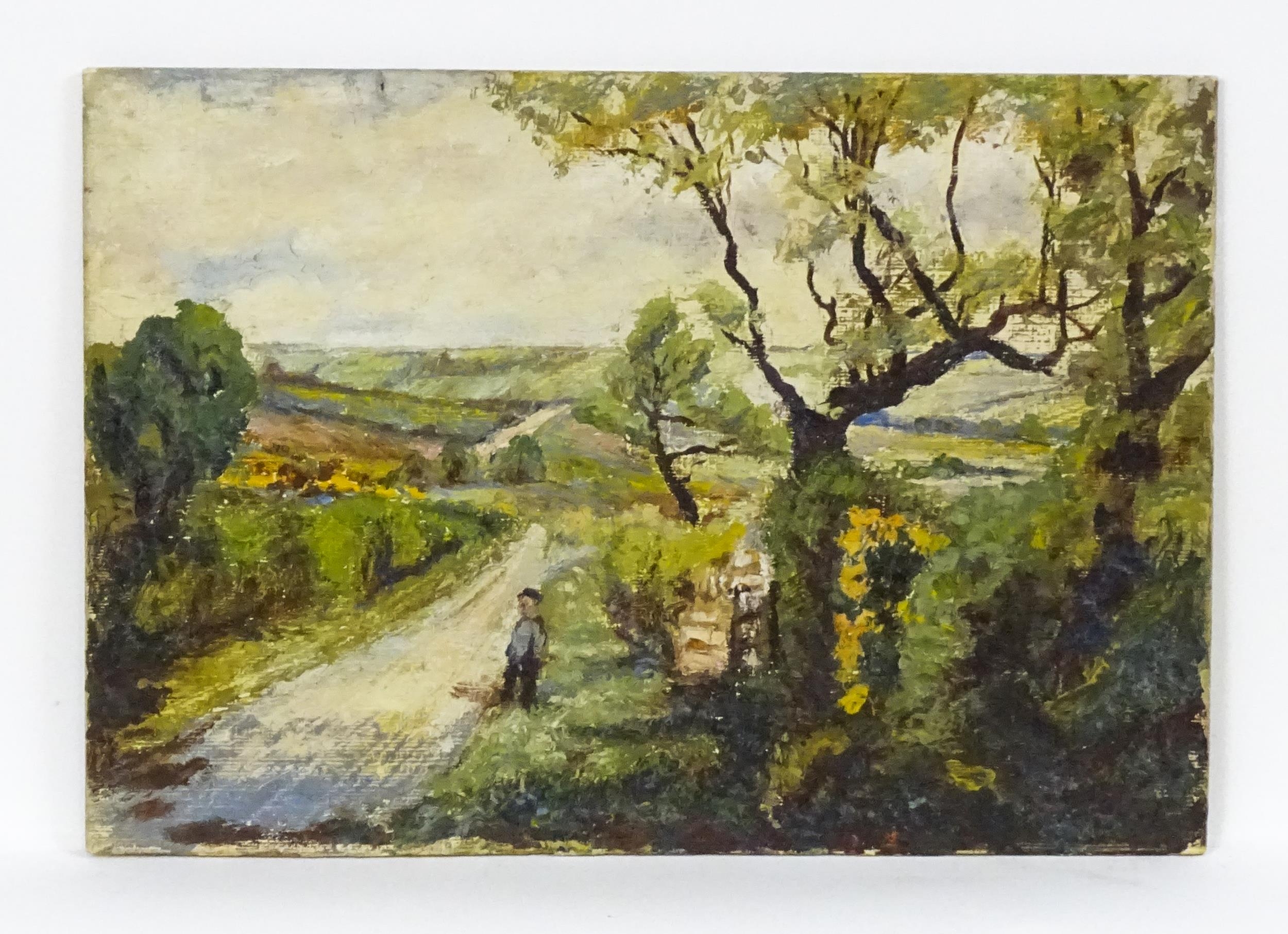 20th century, Oil on canvas board, A country landscape scene with a figure on a lane. Approx. 8 1/2" - Image 3 of 4