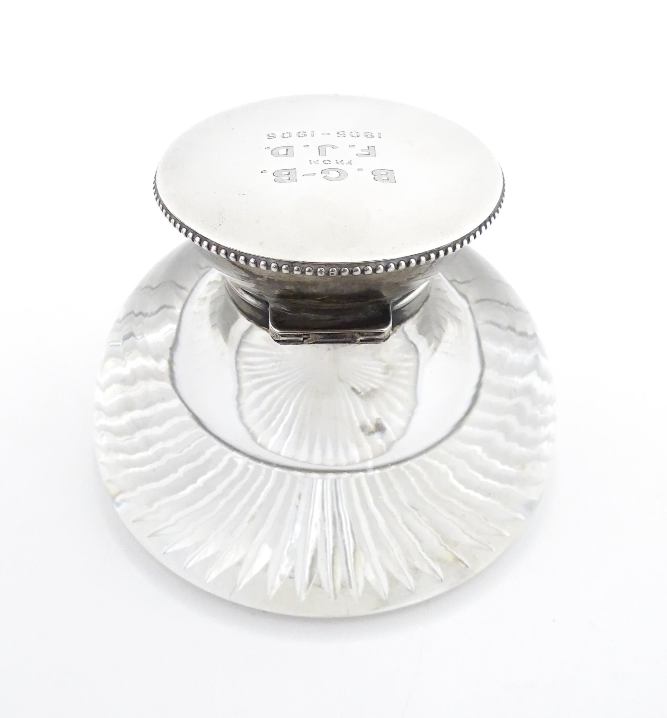 A glass inkwell with silver top hallmarked London 1905 maker James Dudley and stamped J Dudley - Image 5 of 9