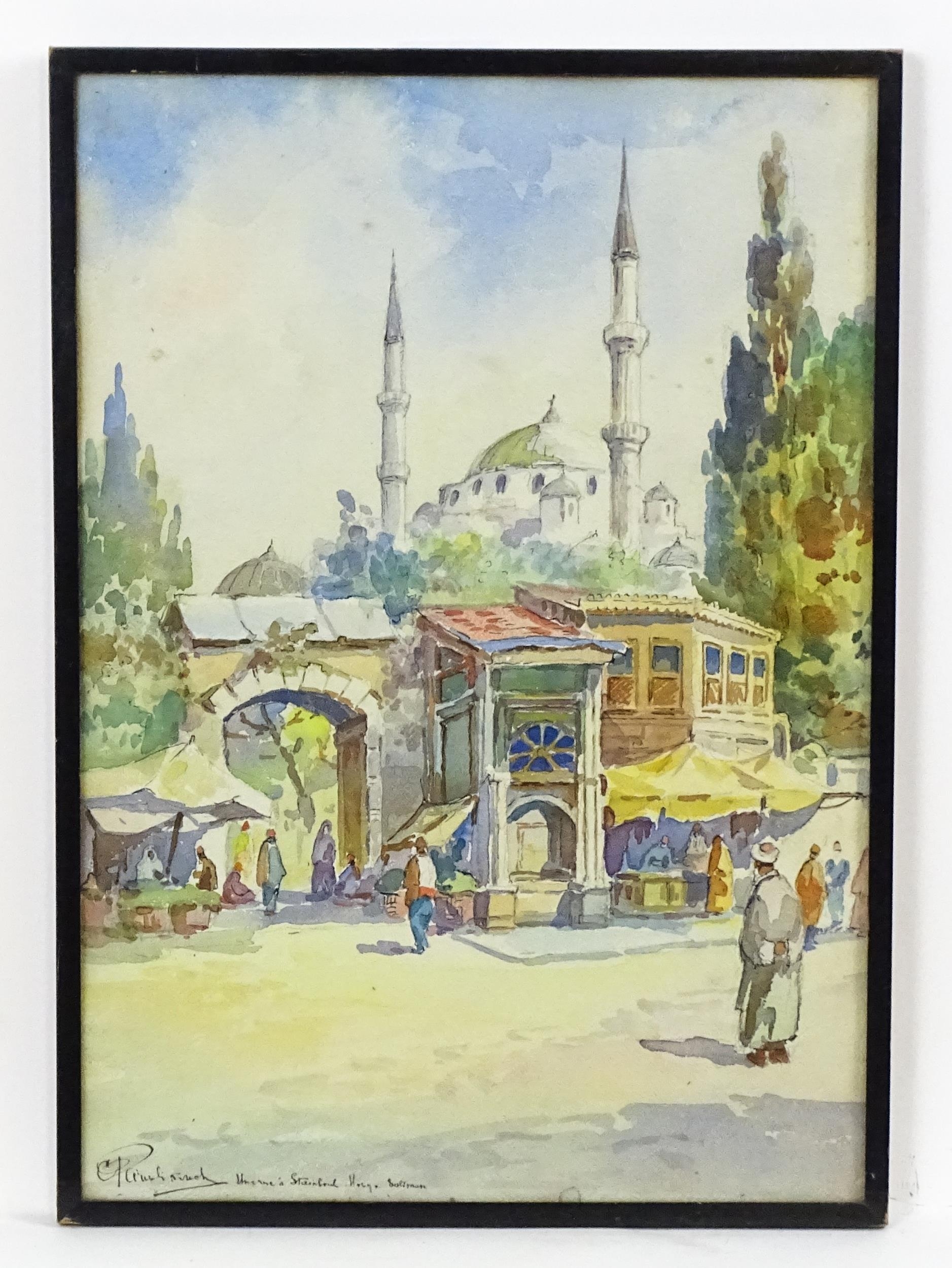 Jozef Pawlikiewicz (1864-1955), Watercolour, An Istanbul street scene with figures and a mosque