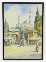 Jozef Pawlikiewicz (1864-1955), Watercolour, An Istanbul street scene with figures and a mosque