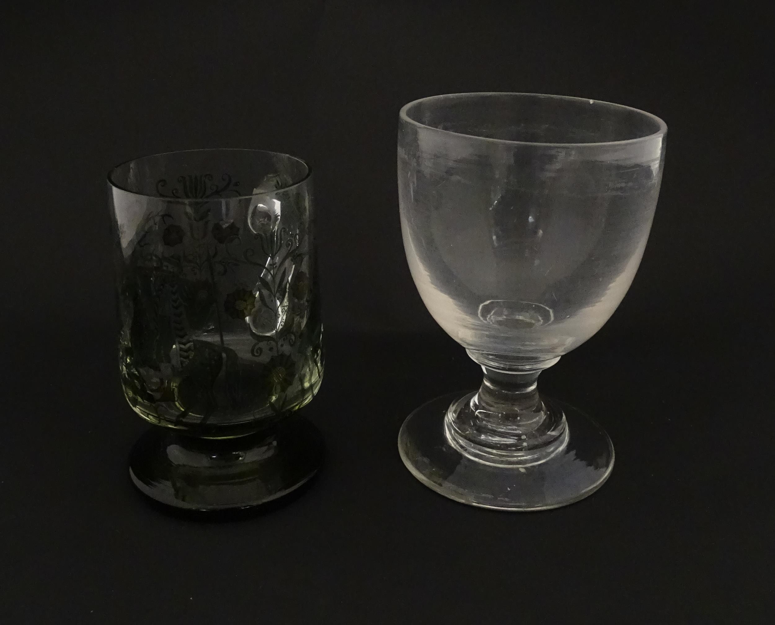 A 19thC glass goblet / rummer. Together with a Continental tankard depicting hunting scene, figure - Image 10 of 13