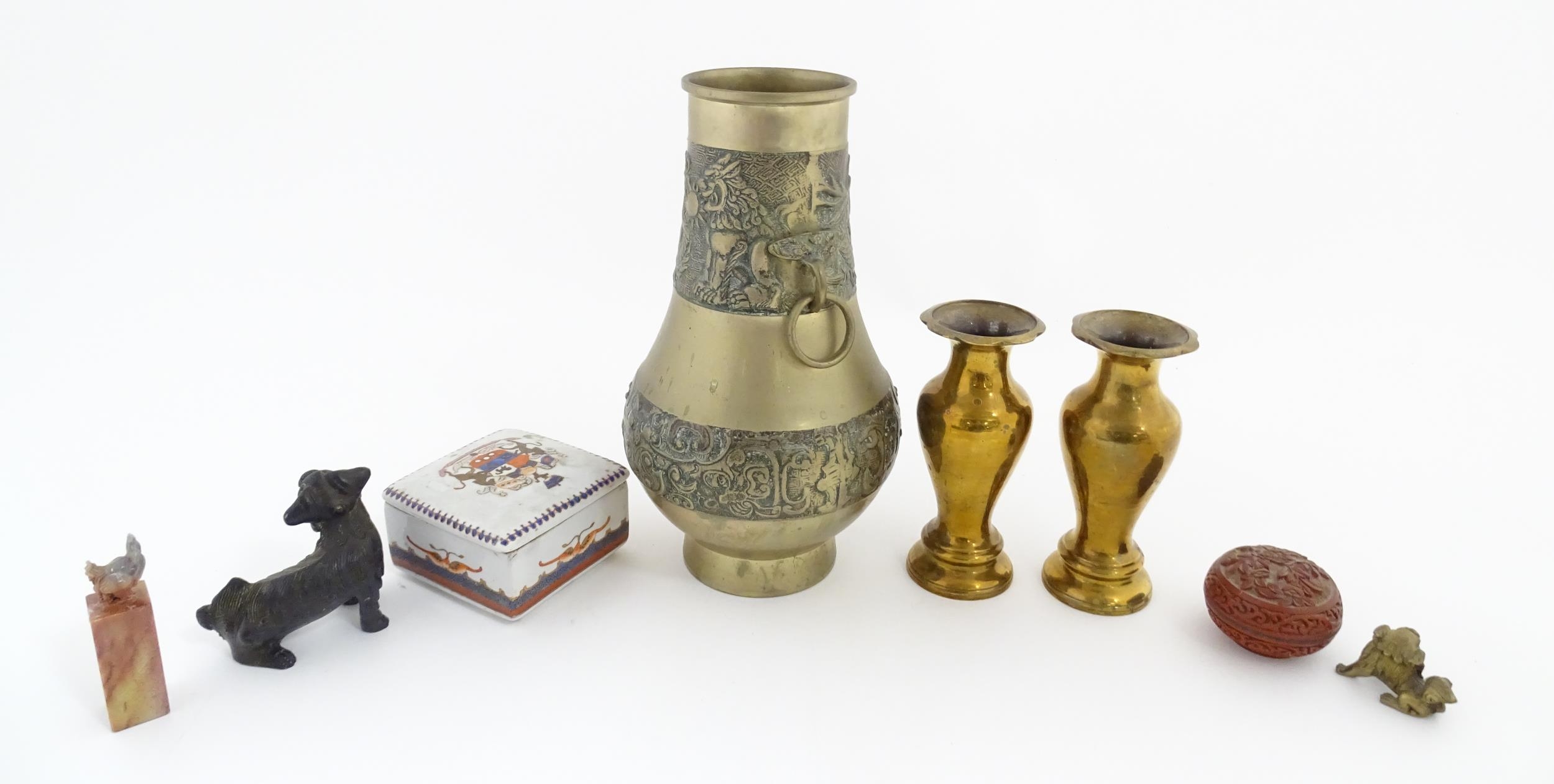 A quantity of assorted Oriental items to include a pair of cast brass vases of tapering form with - Image 6 of 12