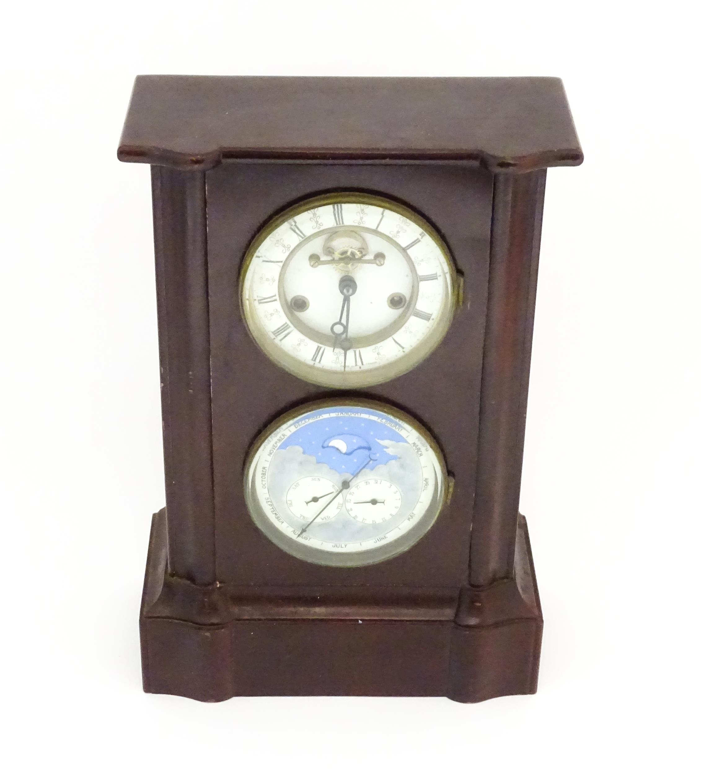 A French perpetual calendar clock, the wooden cased mantle clock having two piece enamel dial with - Image 3 of 10