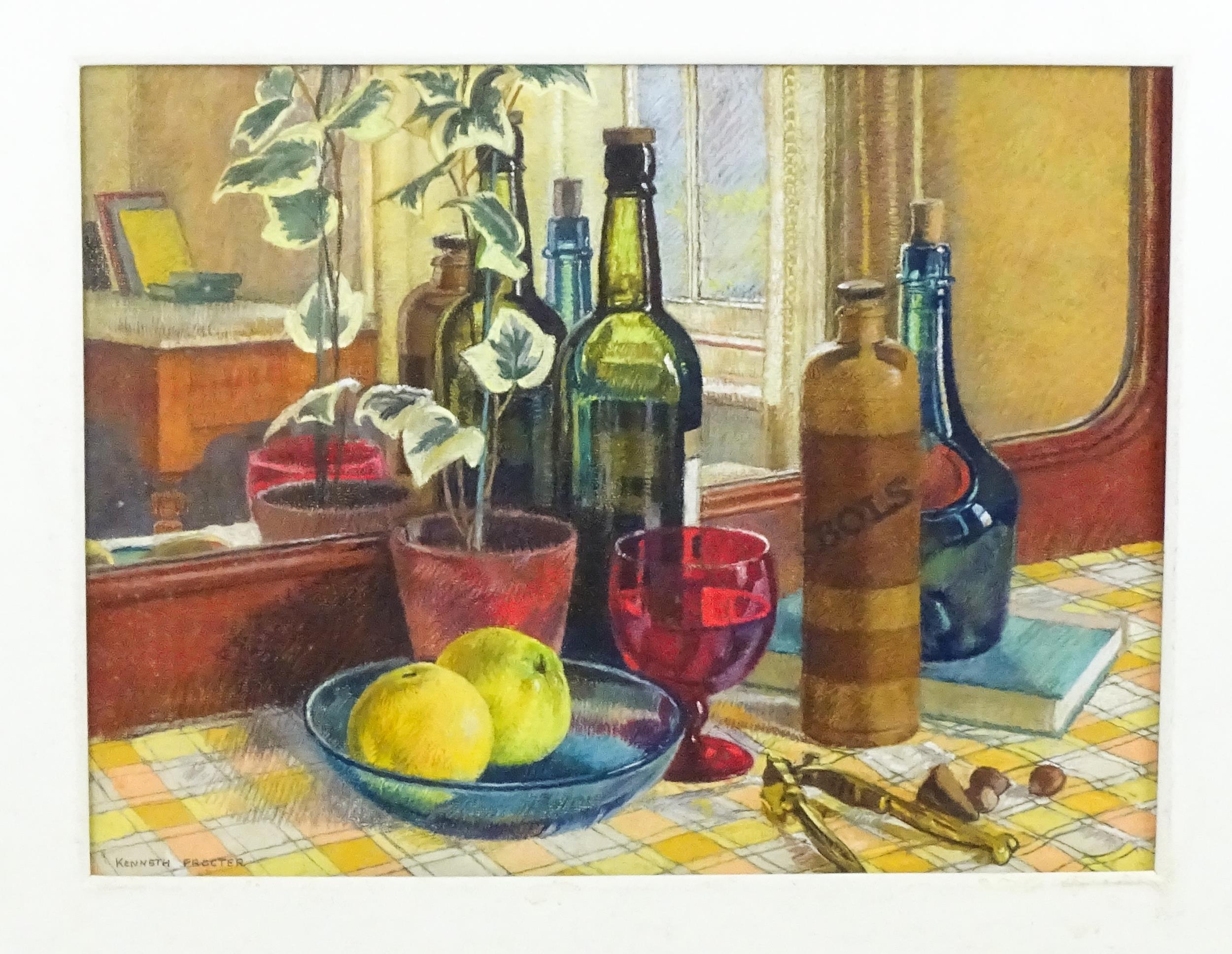 Kenneth Procter (1909-1999), Pastel, A still life study with a plant, bottles, nutcrackers, and a - Image 3 of 4