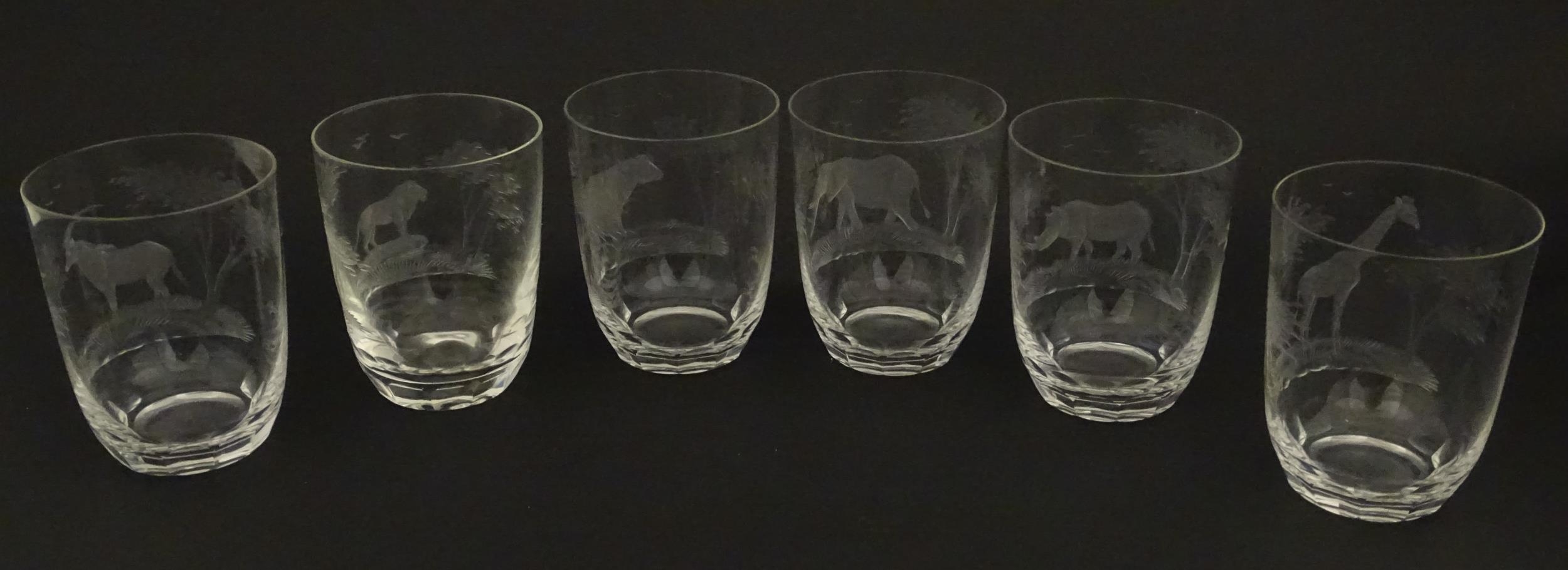 Six Rowland Ward tumbler glasses with engraved Safari animal detail. Unsigned Approx. 3 3/4" high ( - Bild 10 aus 13