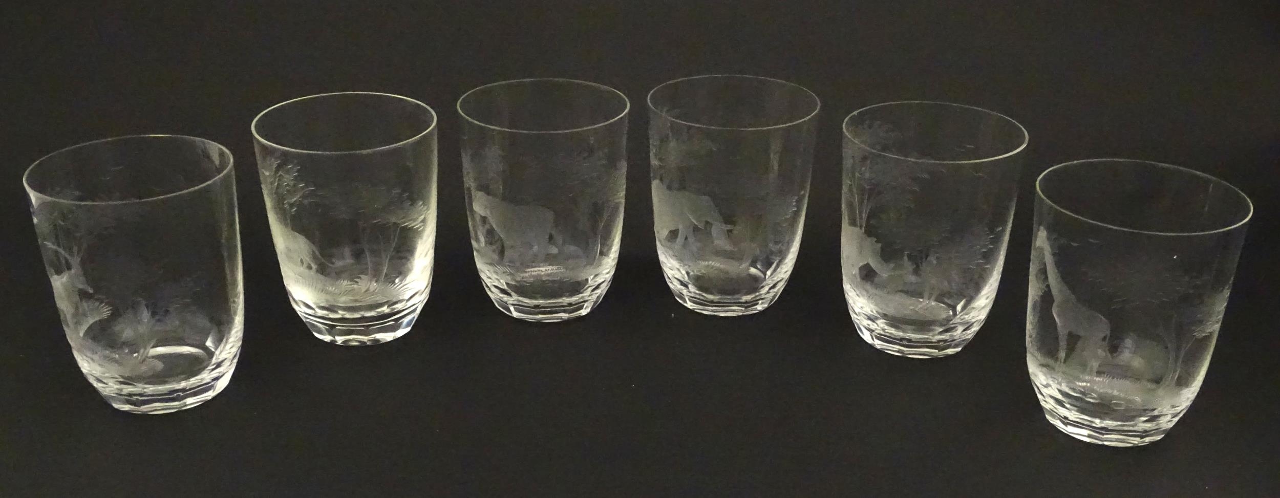 Six Rowland Ward tumbler glasses with engraved Safari animal detail. Unsigned Approx. 3 3/4" high ( - Image 9 of 13