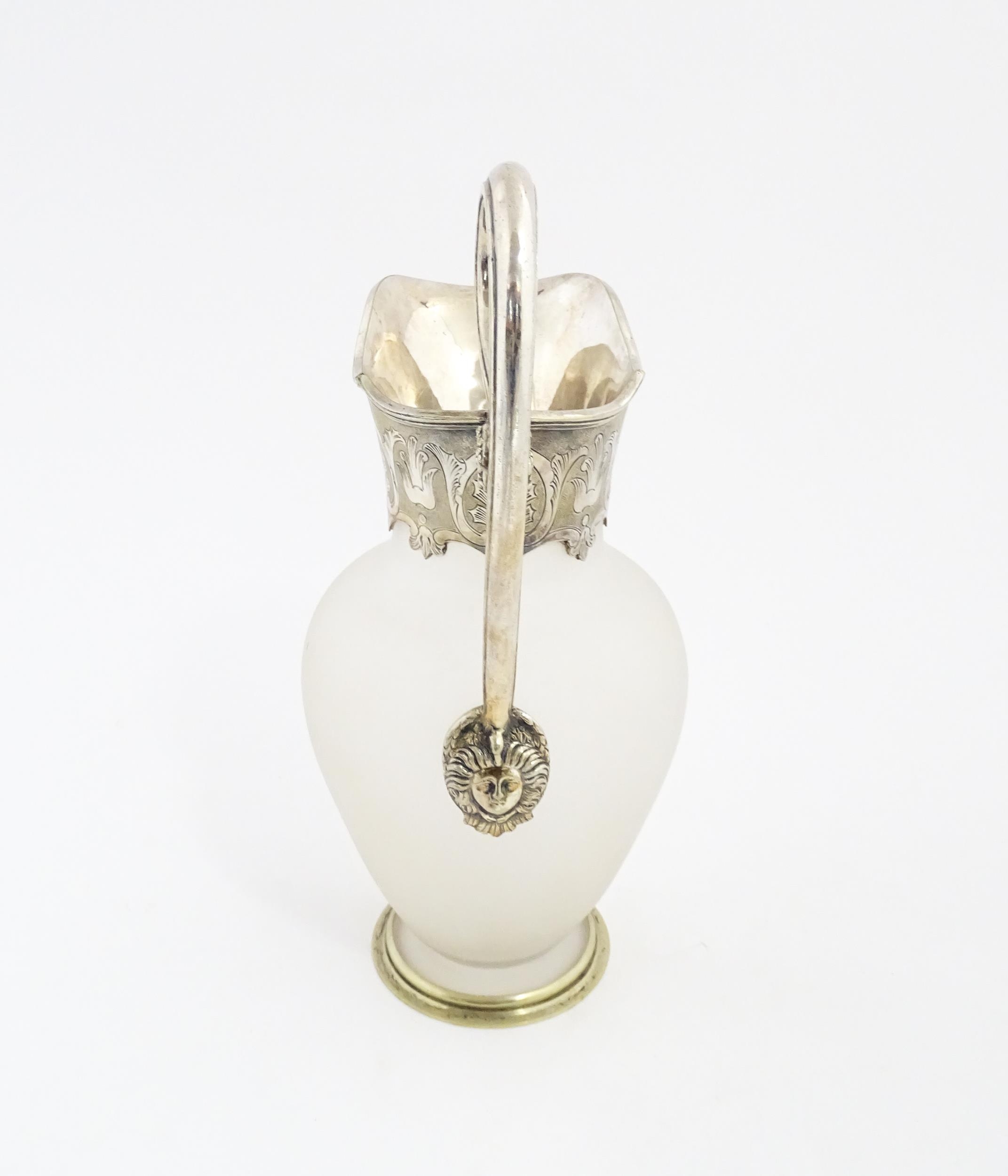 A Victorian frosted glass jug of ewer form with silver plate handle and mounts. Approx. 11 1/2" high - Image 5 of 6