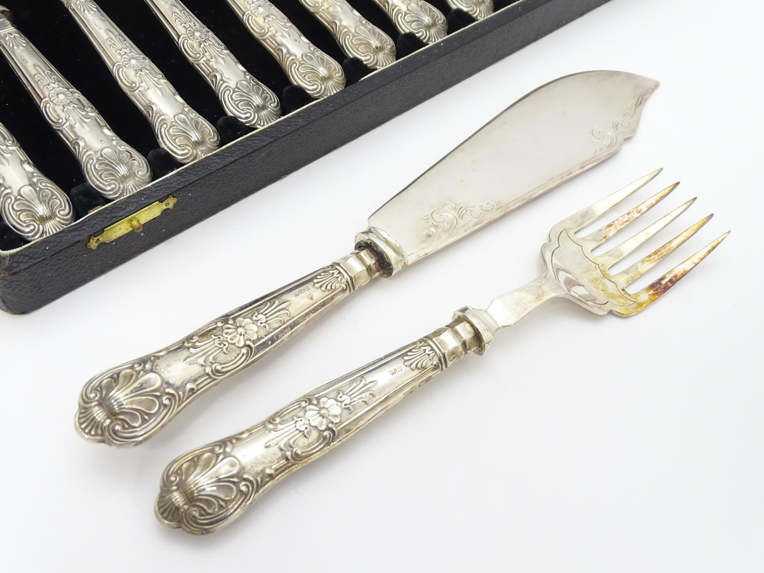 A cased set of six silver handled fish knives and forks with fish servers hallmarked Sheffield 1938, - Image 8 of 12