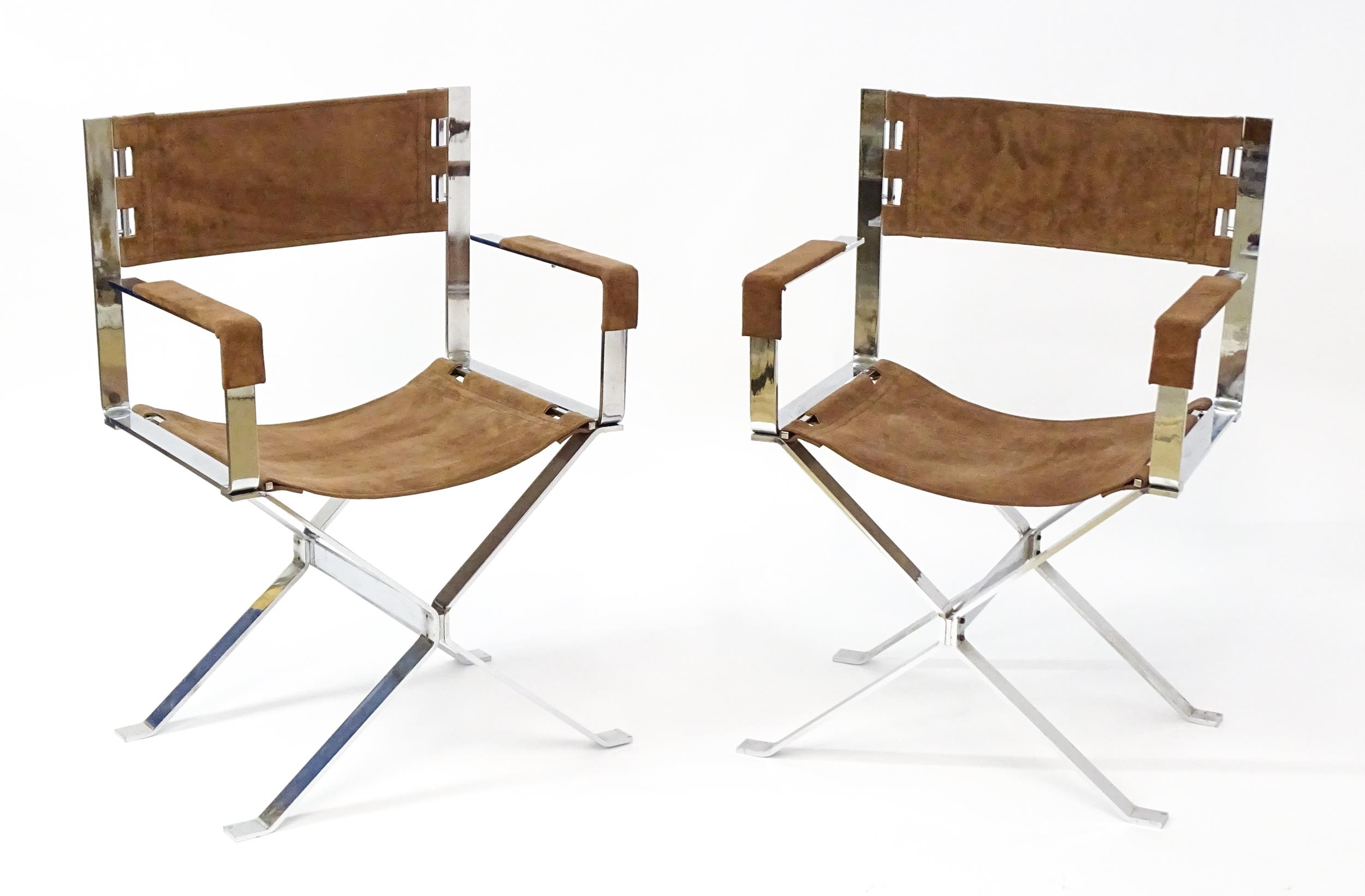 A pair of Alessandro Albrizzi designed directors chairs with chrome frames and suede upholstery