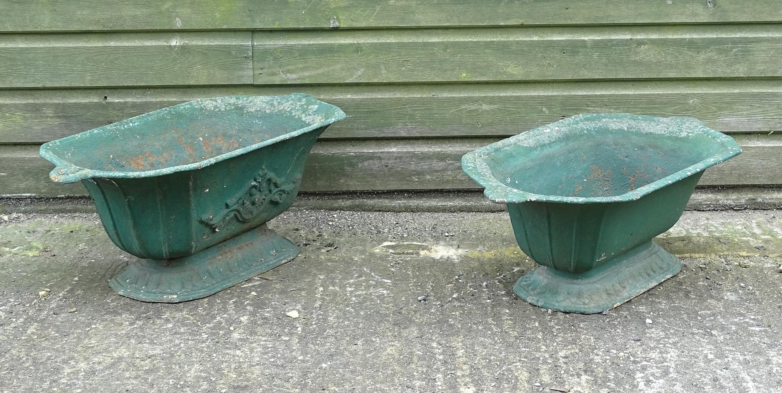 Two early 20thC cast iron pedestal planters / urns, one with relief detail. Approx. 26" wide x 10" - Image 3 of 8