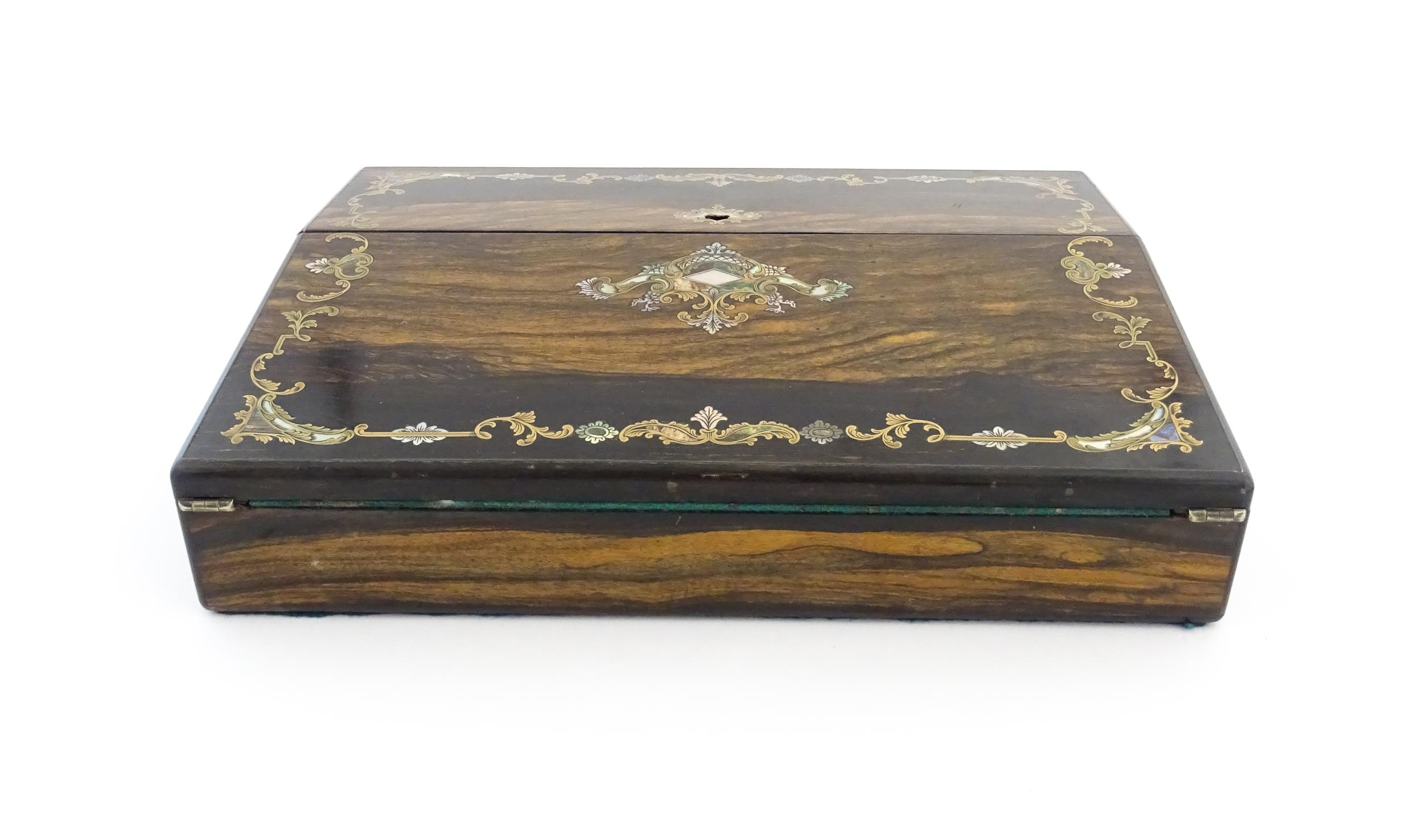 A Victorian coromandel writing box / slope with inlaid brass, mother of pearl and abalone - Image 9 of 20