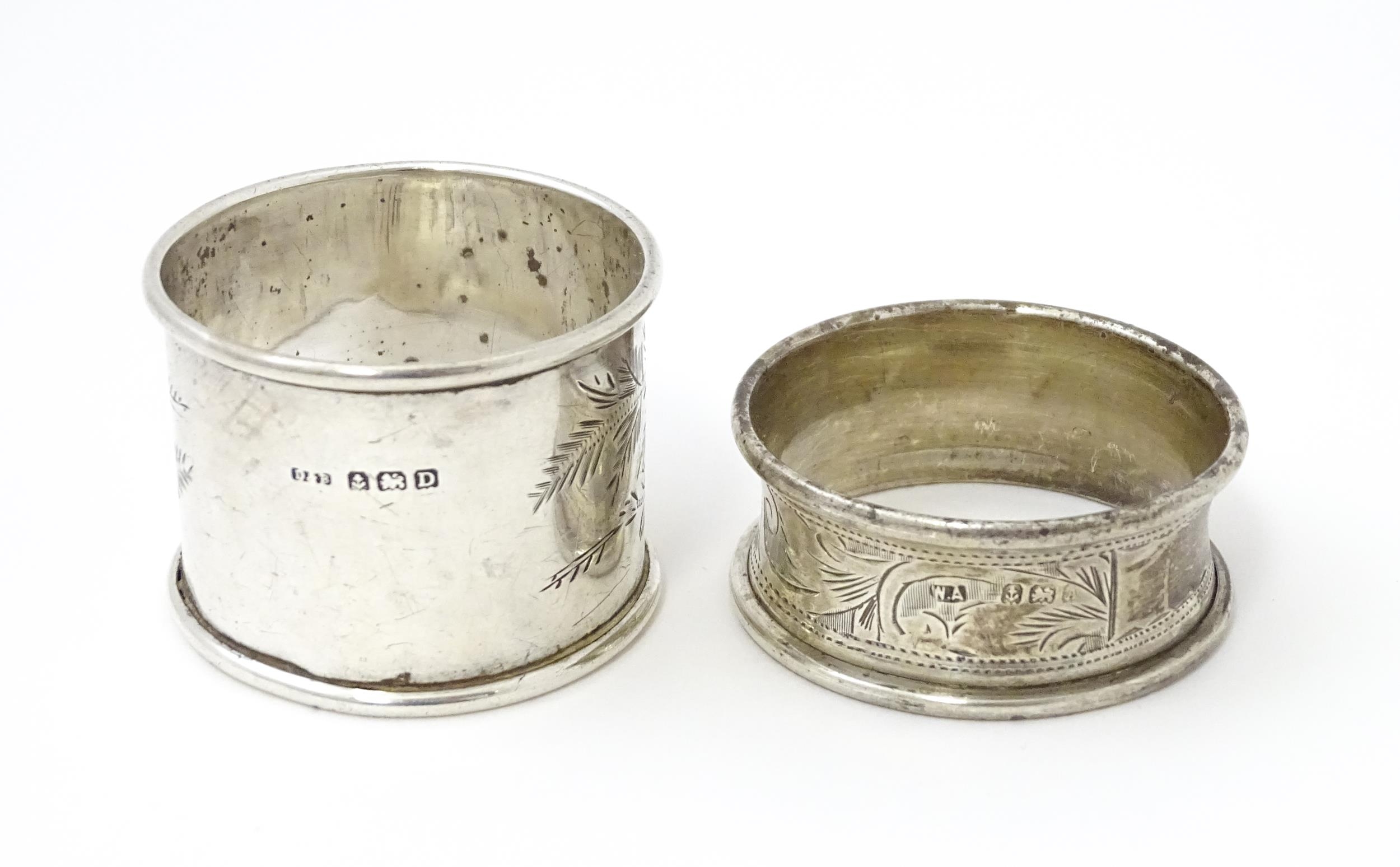 Two silver napkin rings with engraved foliate decoration, one hallmarked Birmingham 1928 maker - Image 4 of 8