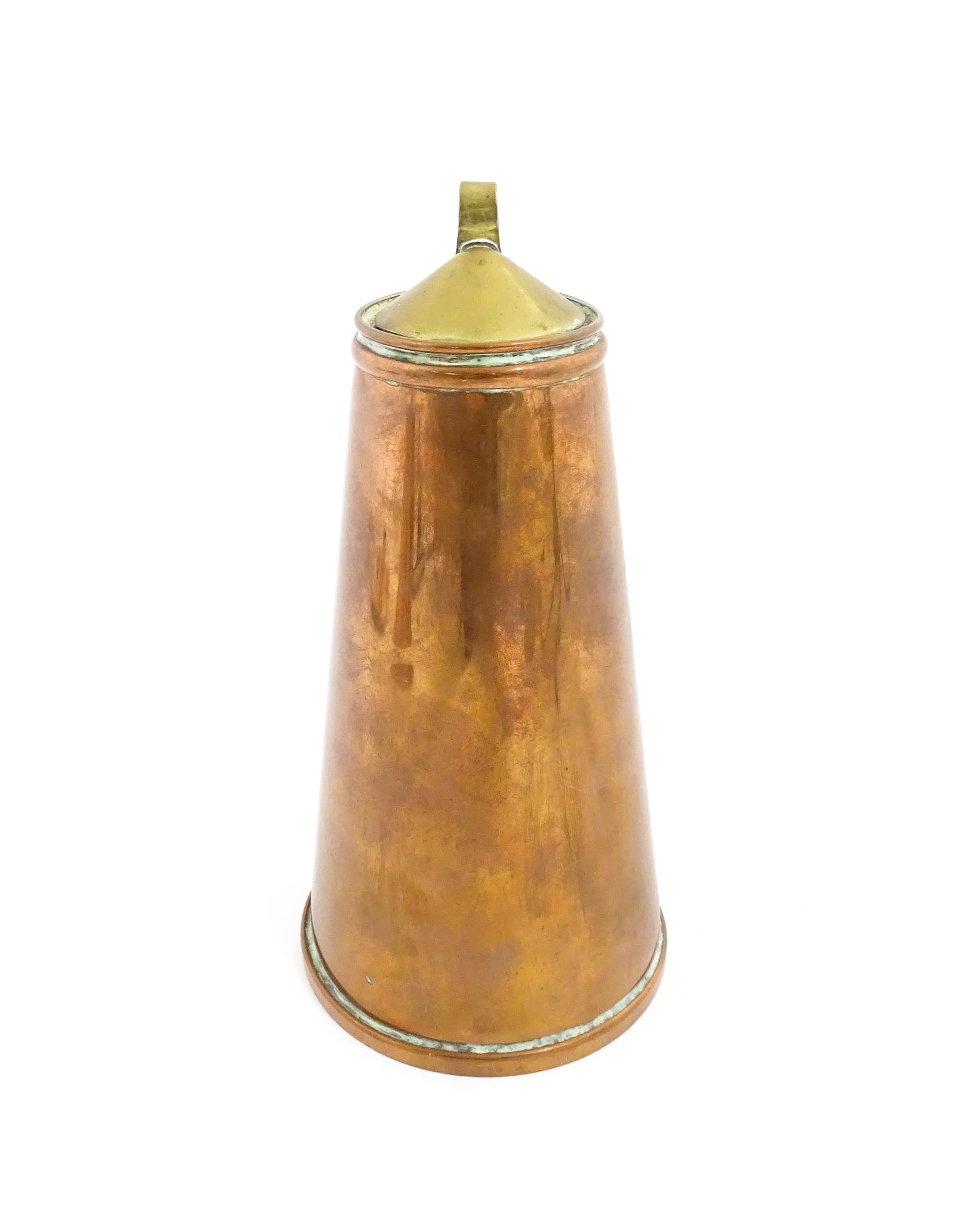 WAS Benson: An Arts & Crafts copper and brass insulated / jacketed hot water jug of tapering form, - Image 4 of 9