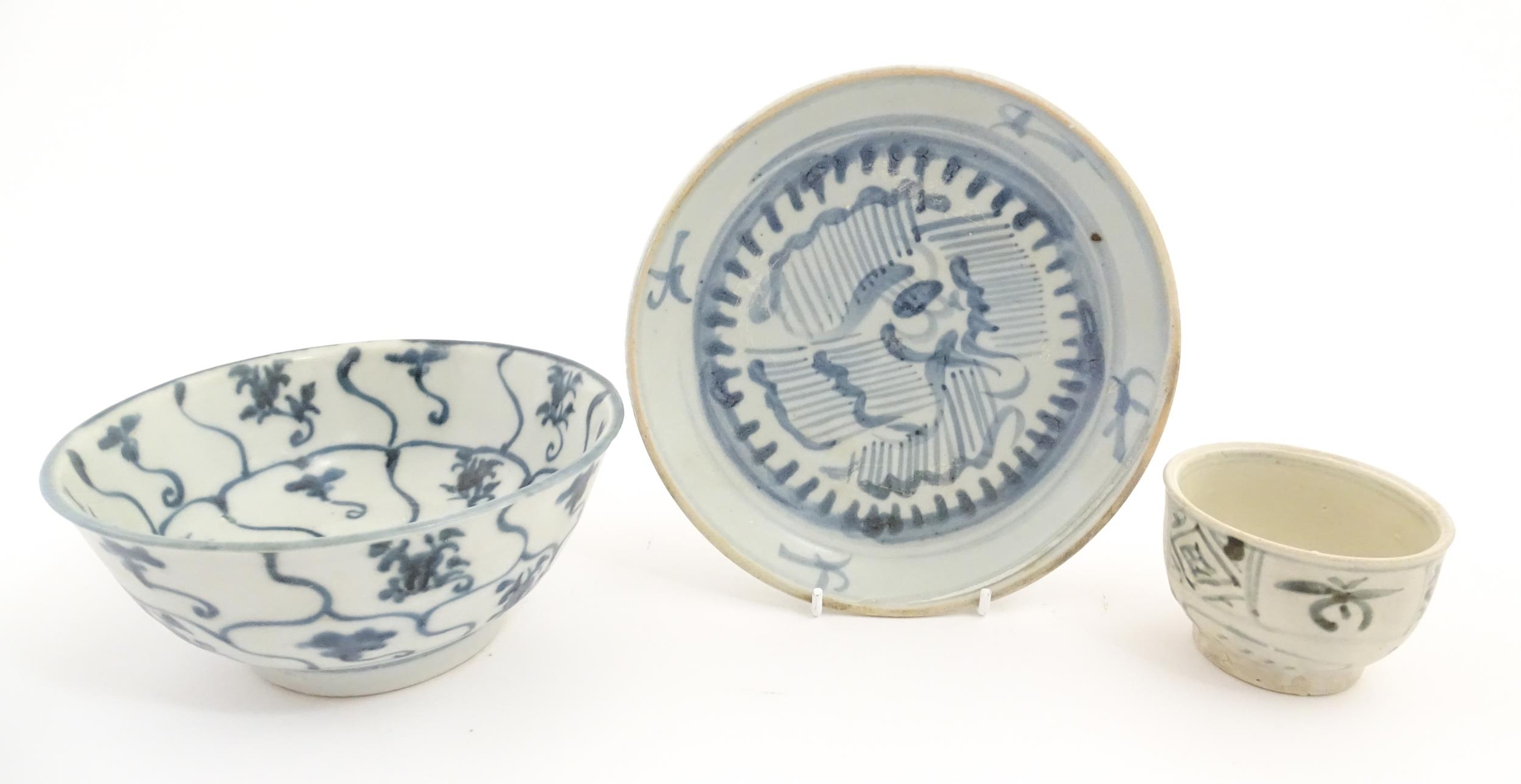 Two Chinese blue and white Tek Sing items comprising bowl and dish with brushwork decoration.