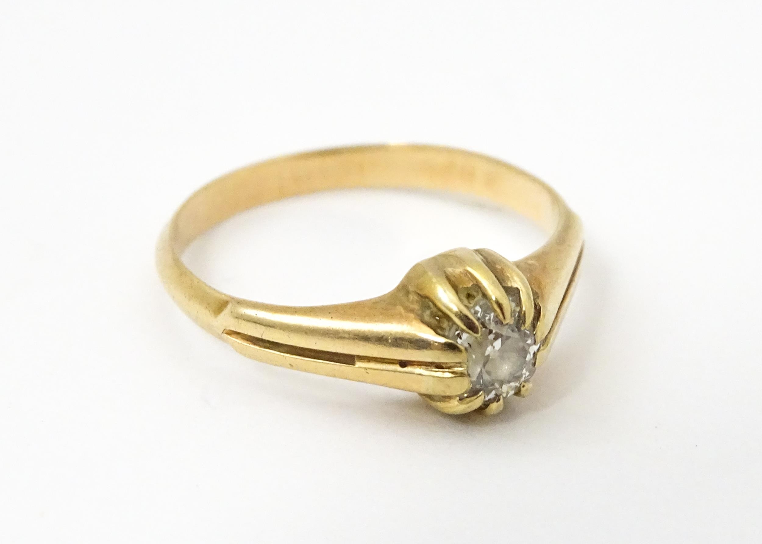 A gold ring set with diamond solitaire. Ring size approx. M Please Note - we do not make reference - Image 4 of 6