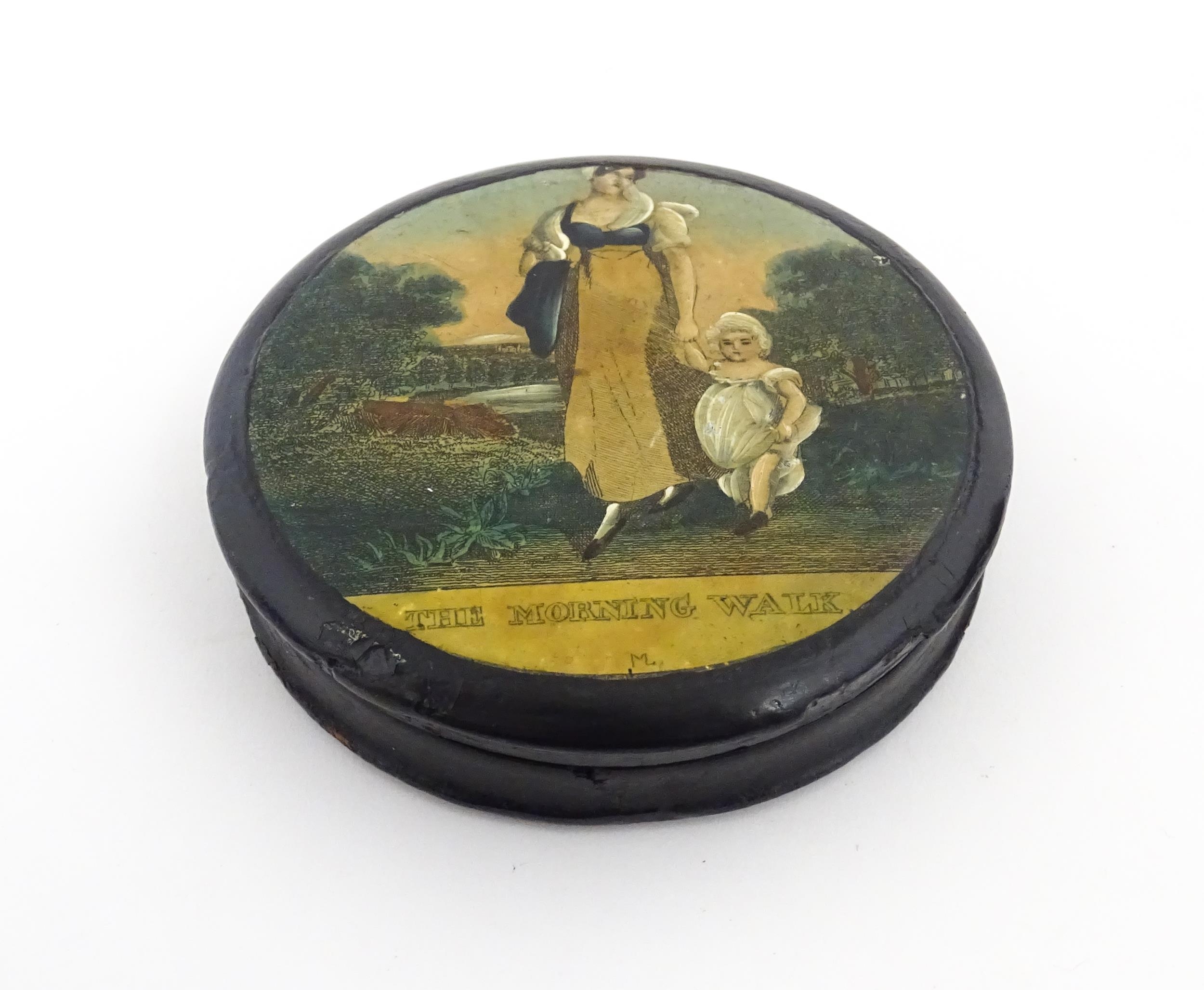 A 19thC papier mache lacquered snuff box of circular form, the lid with applied engraving titled The - Image 3 of 10