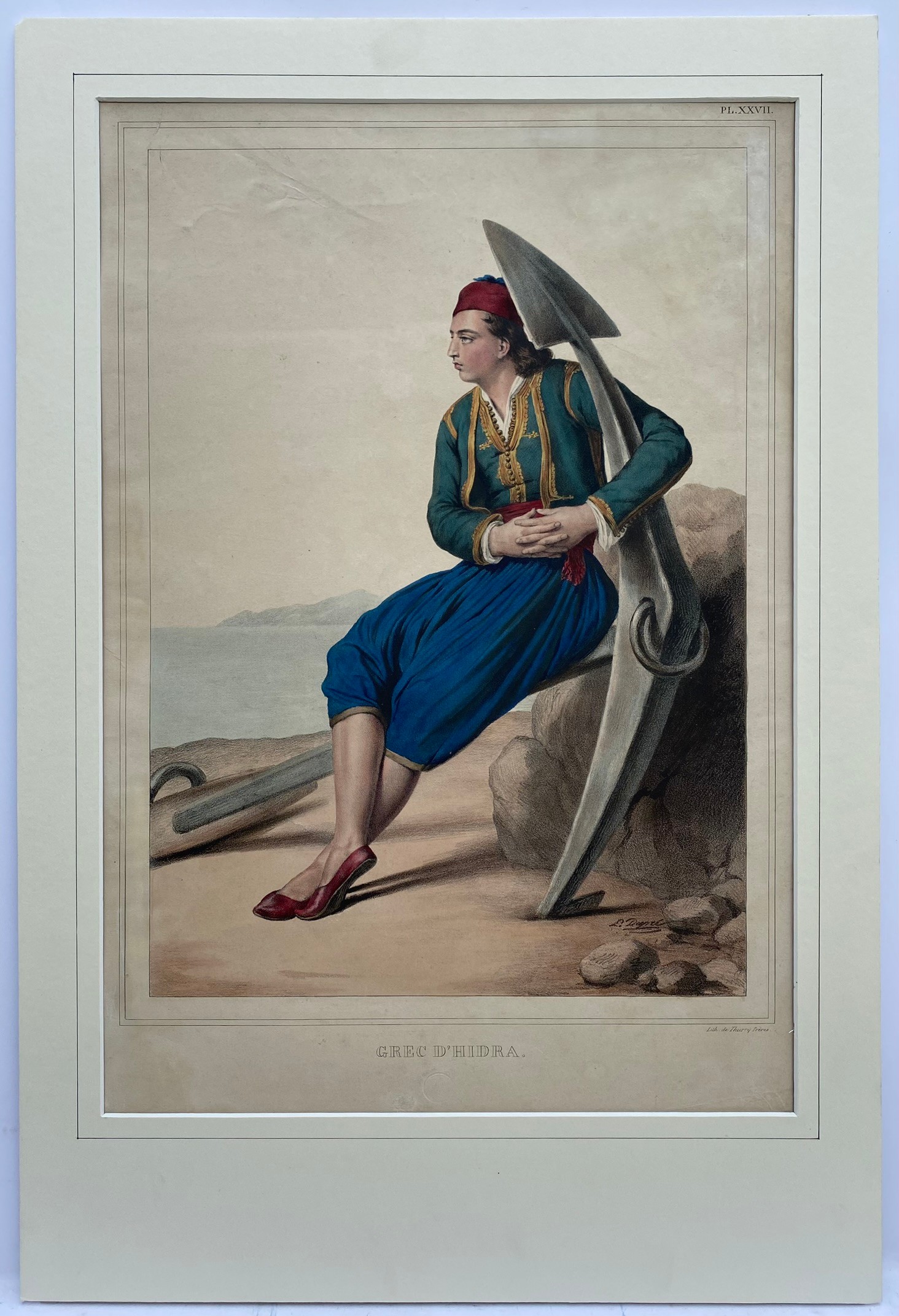 Louis Dupre (1789-1837), Original lithograph hand coloured with watercolour, Titled Grec d'Hidra -