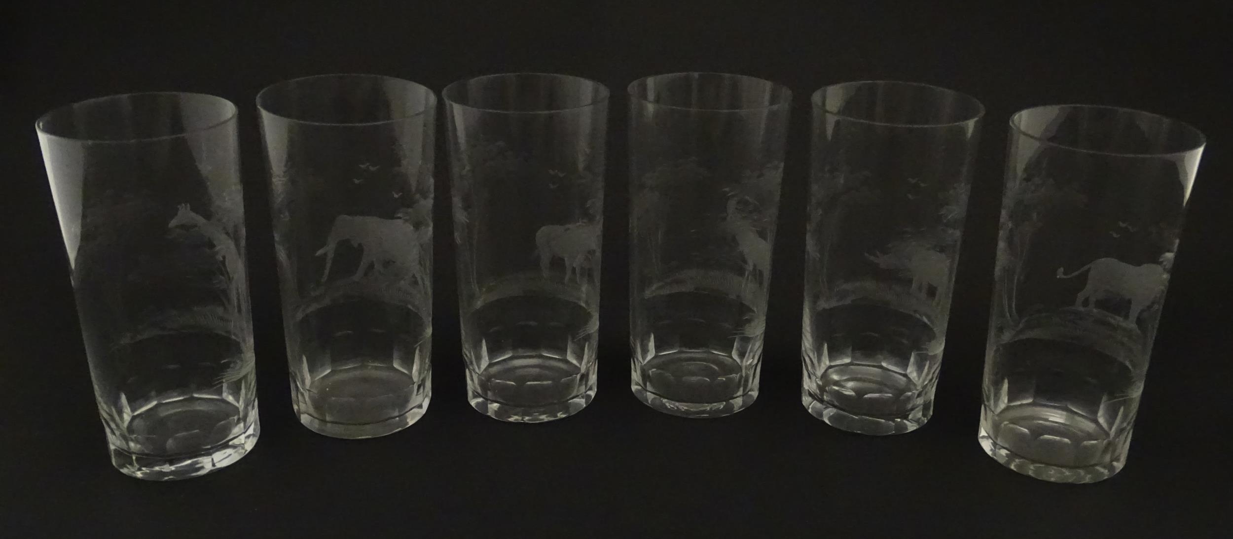 Six Rowland Ward highball glasses with engraved Safari animal detail. Unsigned. Approx. 5 1/2" - Image 5 of 17