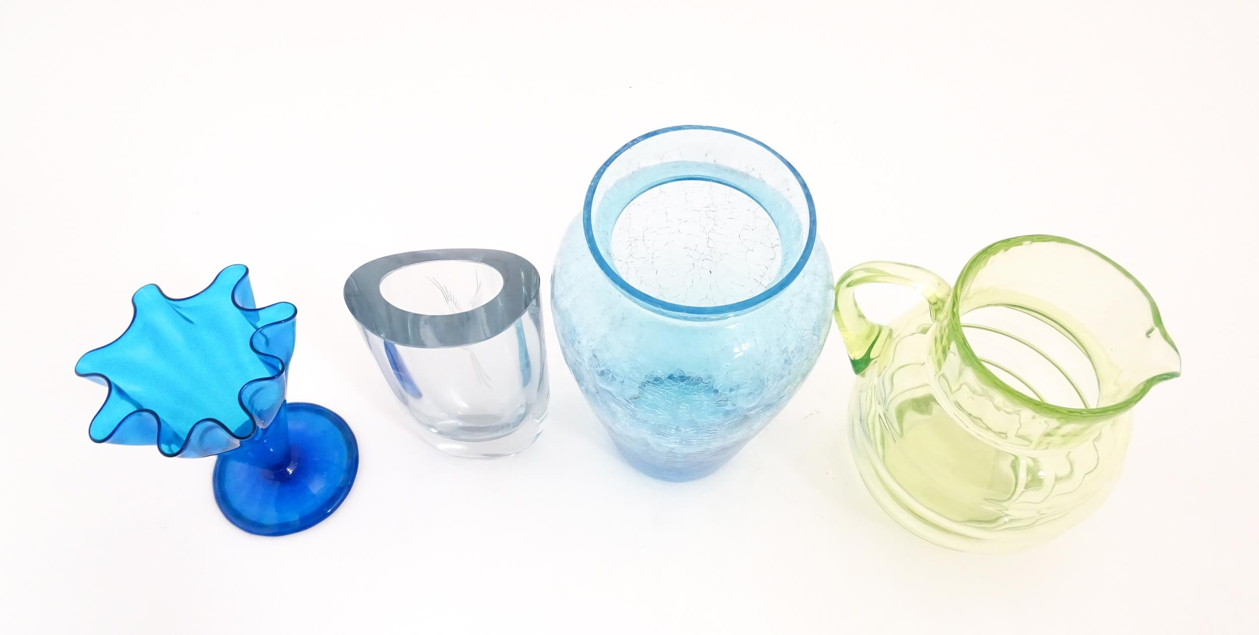 Four items of 20thC glassware to include a Uranium jug, a blue ice glass vase, a Swedish vase by - Image 6 of 6