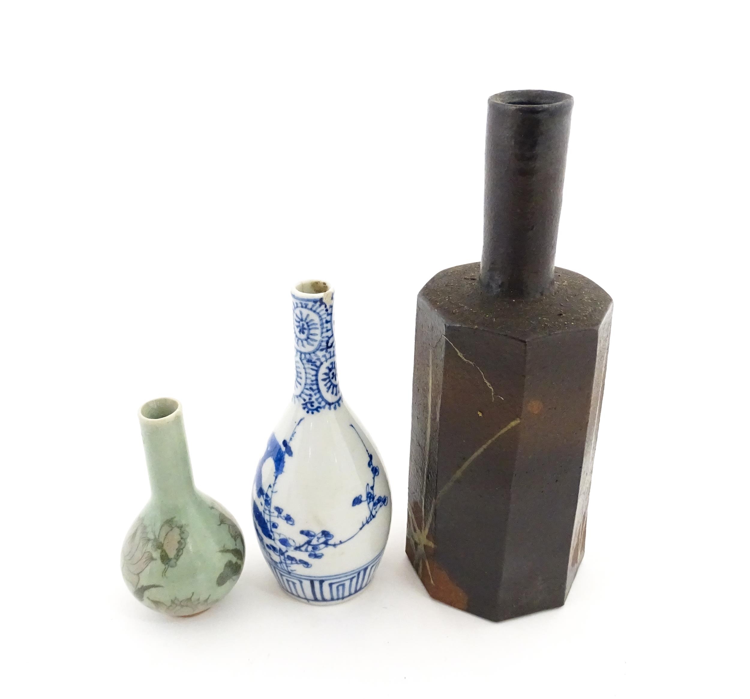 A Japanese studio pottery vase with octagonal body, elongated neck and brushwork detail. Together - Image 4 of 7