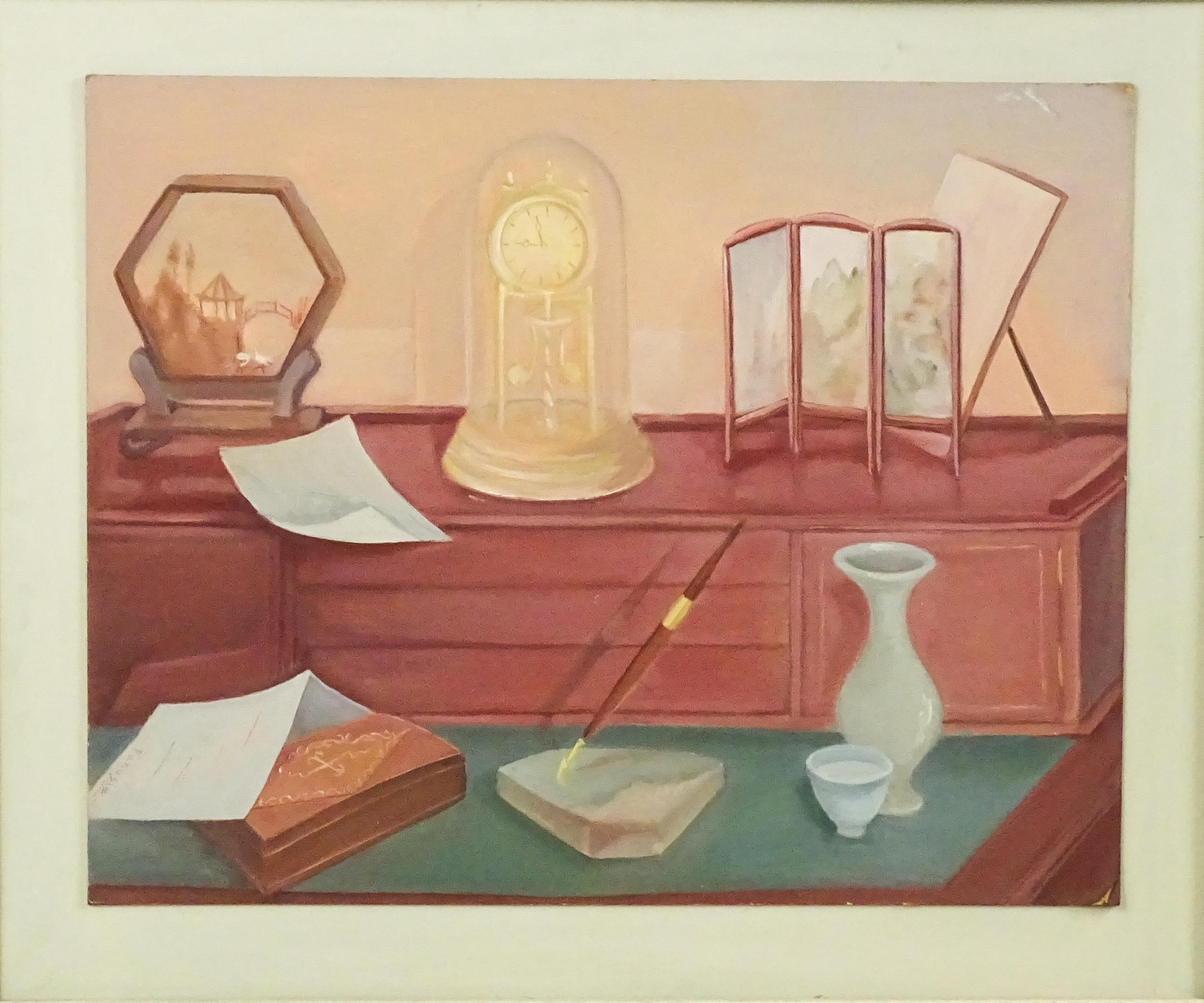 Fanusie, 21st century, Oil on board, A Still Life in Pink, A study of a desk with skeleton clock, - Image 2 of 4