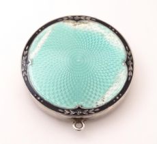 An Art Deco silver compact with guilloche enamel decoration to lid, hallmarked Birmingham 1926,