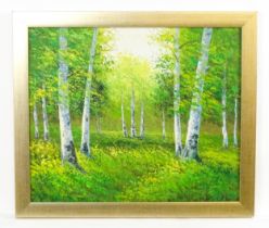 20th century, Oil on canvas, A wooded landscape with silver birch trees. Signed with initials A.