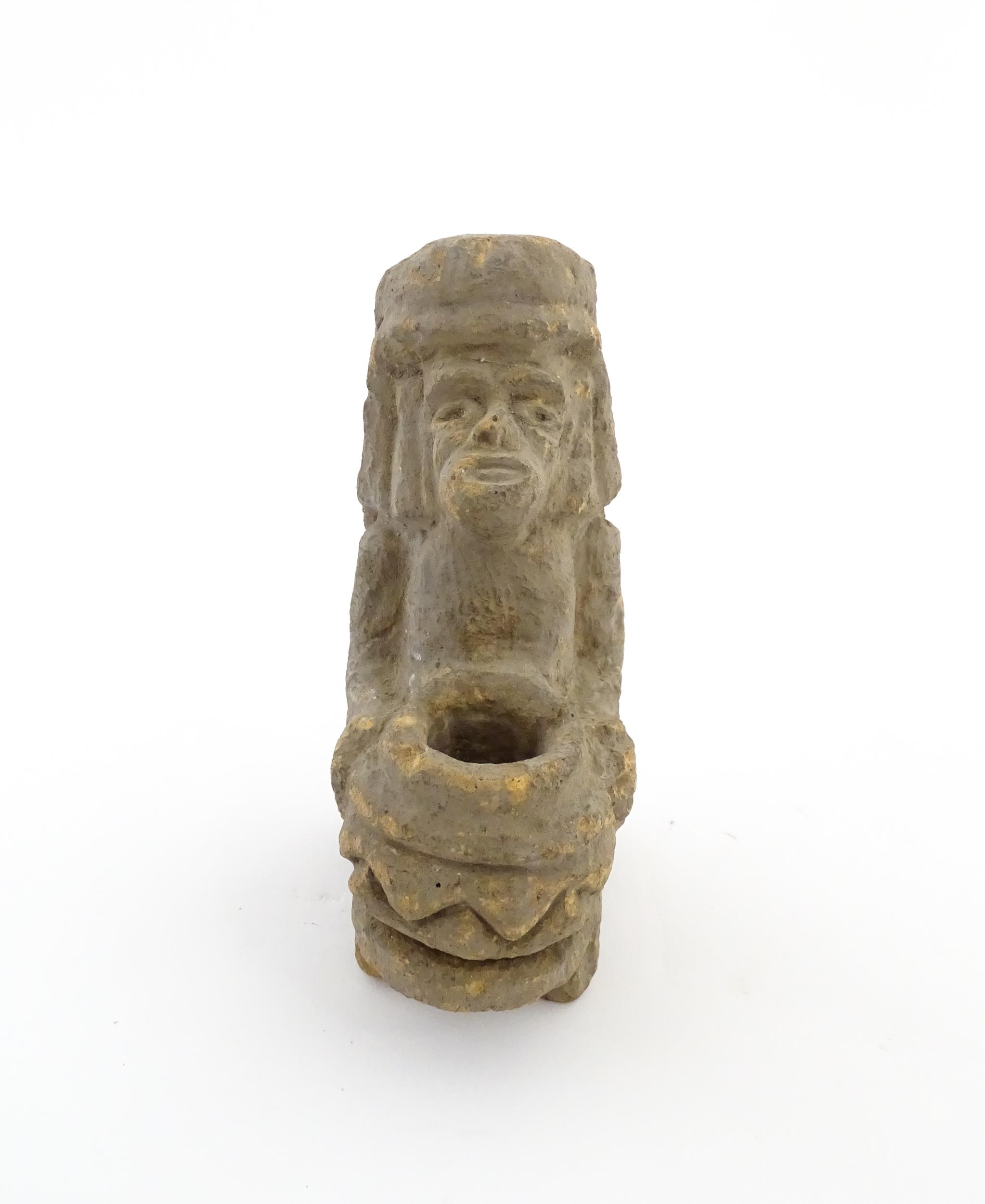 An Aztec Pre-Columbian style earthenware sculpture depicting a kneeling figure with a vessel. - Image 3 of 6