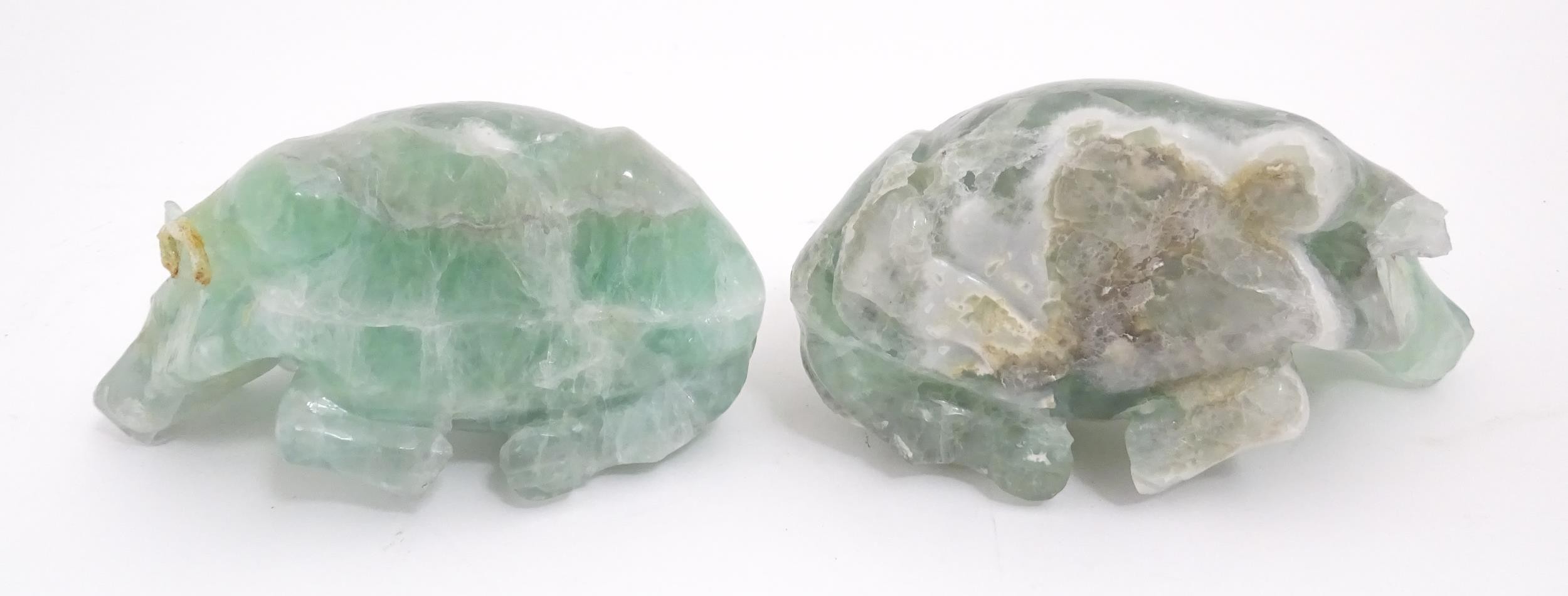 Two Chinese carved green fluorite models of recumbent buffalo, on wooden stands. Approx. 5" wide (2) - Image 3 of 7