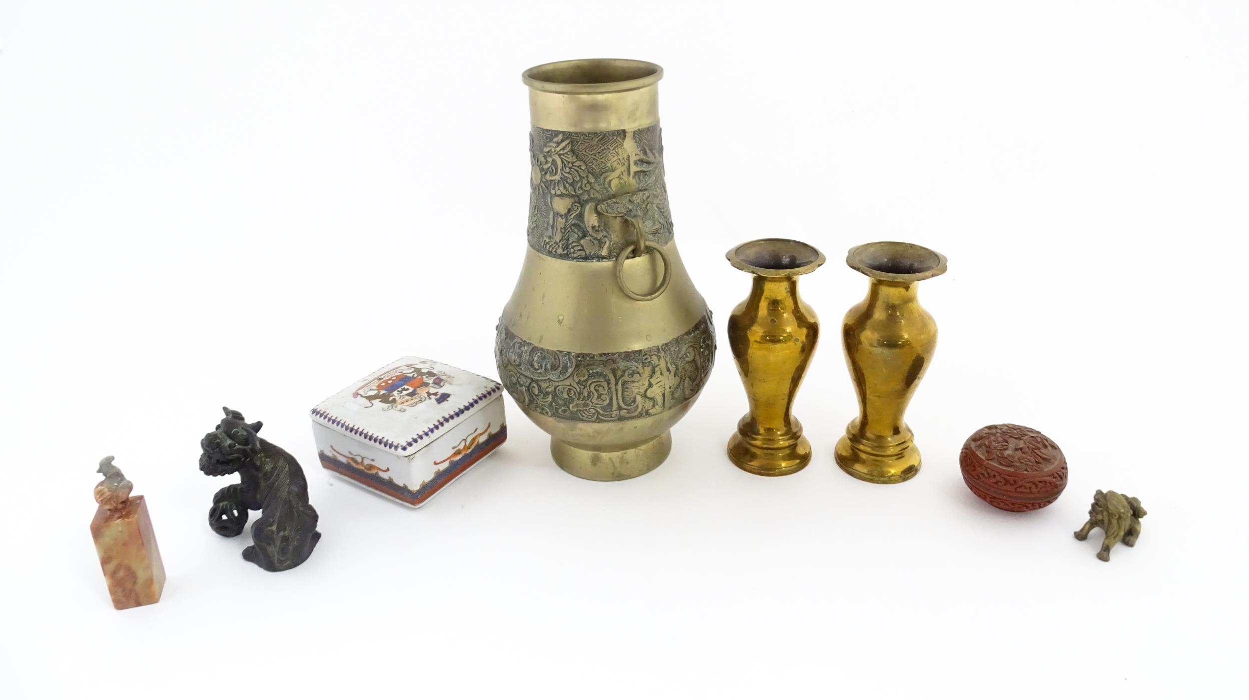 A quantity of assorted Oriental items to include a pair of cast brass vases of tapering form with - Image 8 of 12