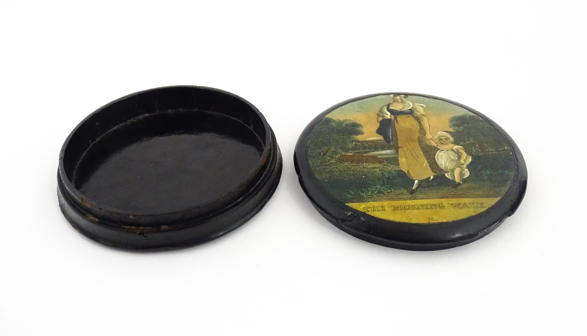 A 19thC papier mache lacquered snuff box of circular form, the lid with applied engraving titled The - Image 10 of 10