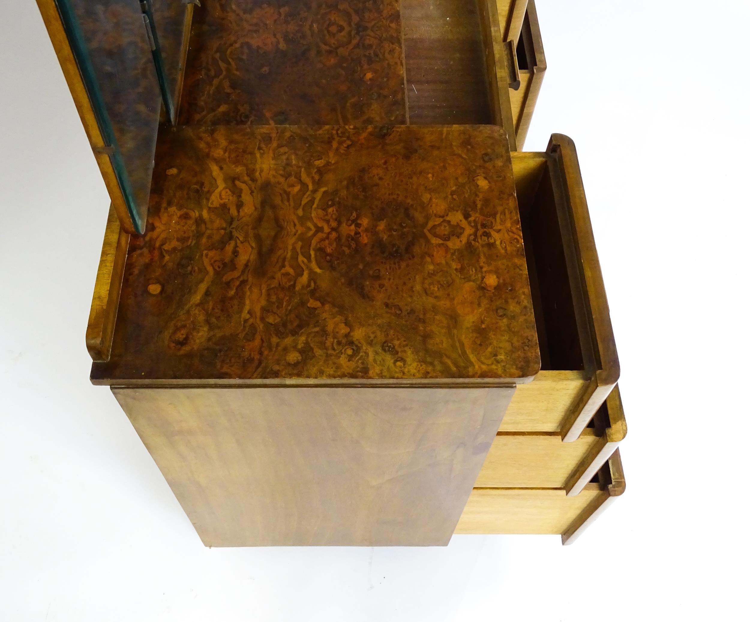 A mid 20thC Art Deco style burr walnut veneered dressing table with a triptych mirror above a - Image 8 of 9