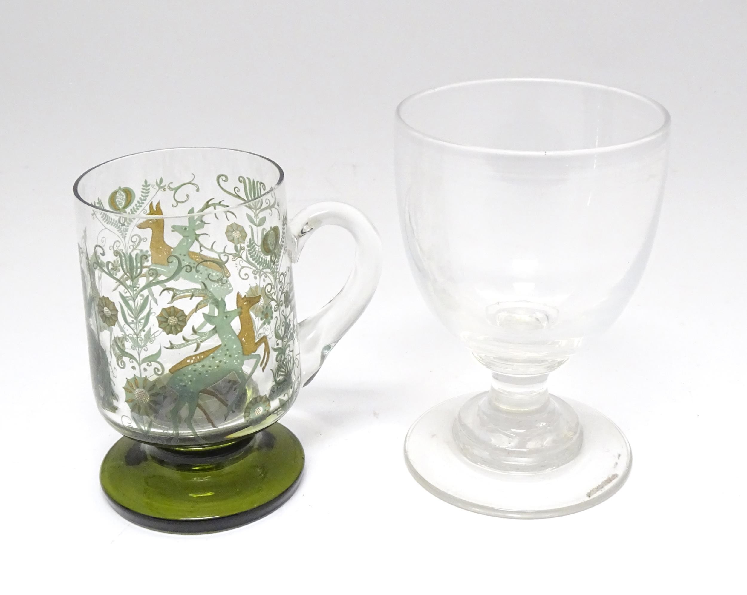 A 19thC glass goblet / rummer. Together with a Continental tankard depicting hunting scene, figure - Image 6 of 13